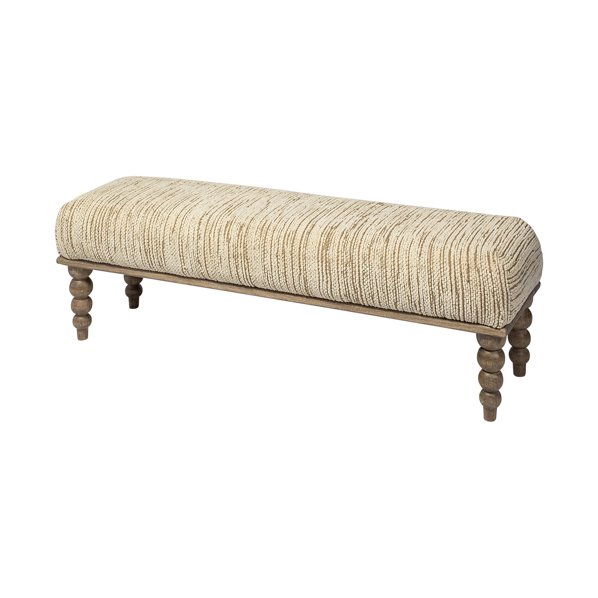 55" Cream and Wood Brown Upholstered Fabric Bench-Benches-DECOROLALA