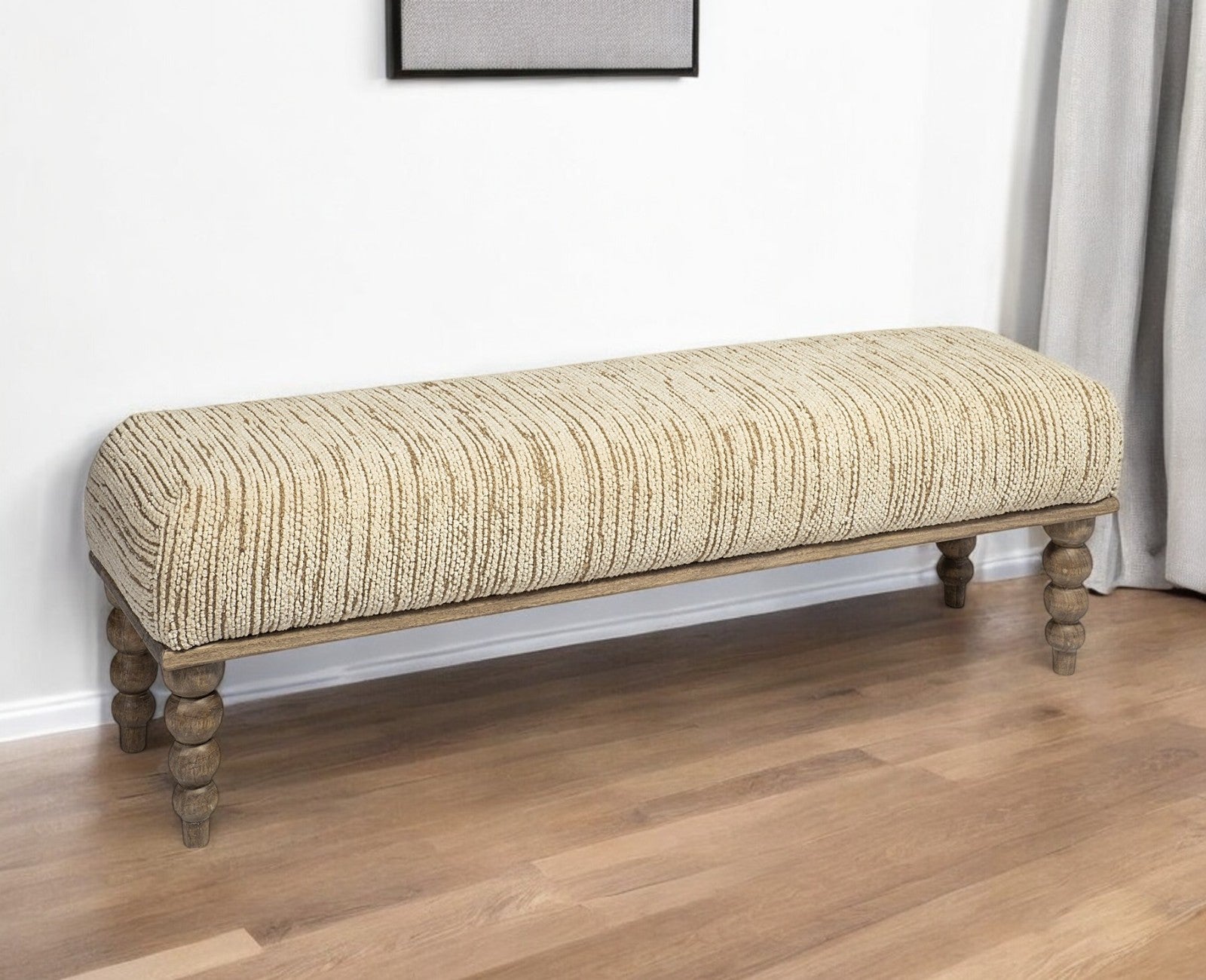 55" Cream and Wood Brown Upholstered Fabric Bench-Benches-DECOROLALA