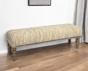 55" Cream and Wood Brown Upholstered Fabric Bench-Benches-DECOROLALA