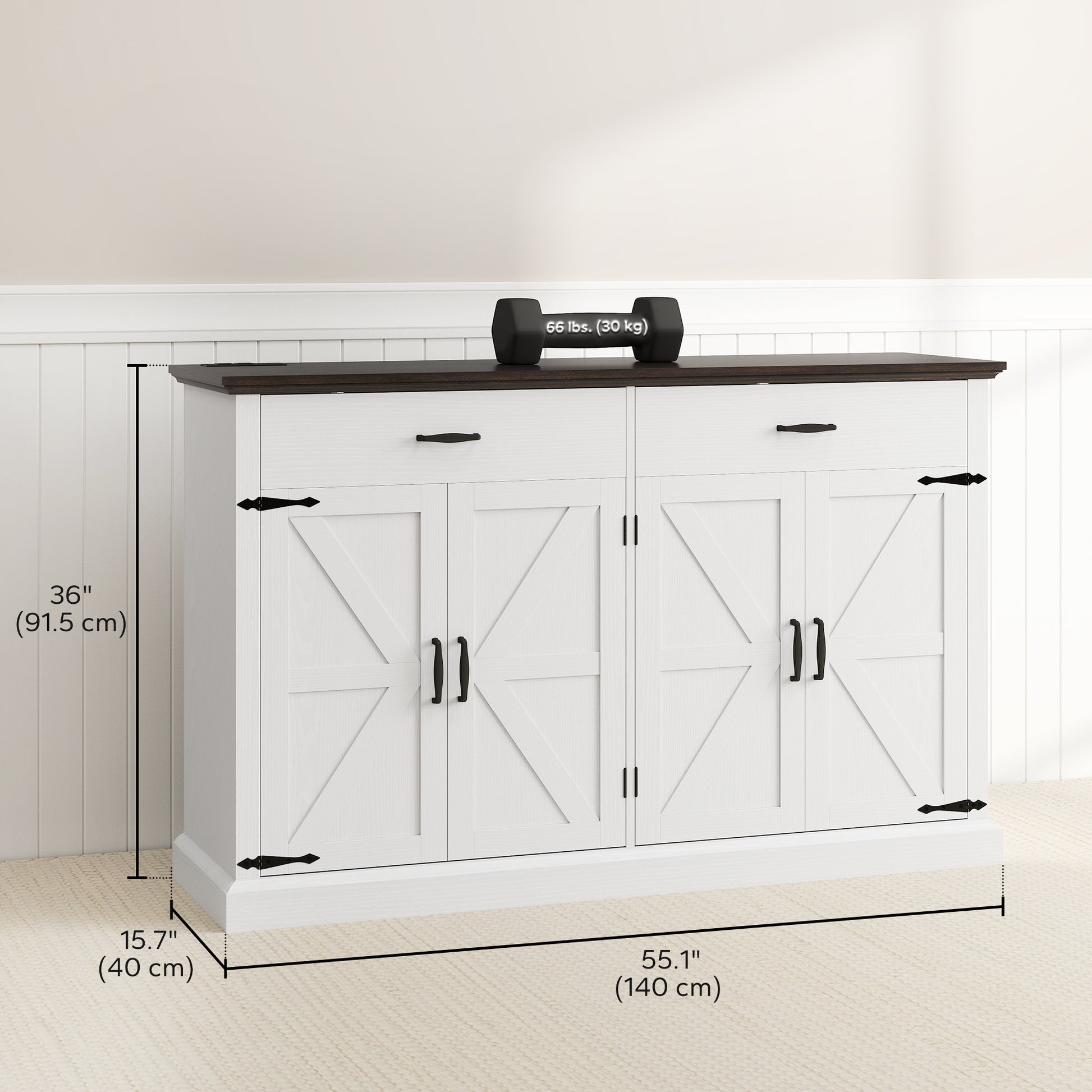 55" Farmhouse Buffet Cabinet, White with Charging Station, 4 Barn Doors, 2 Drawers-DECOROLALA