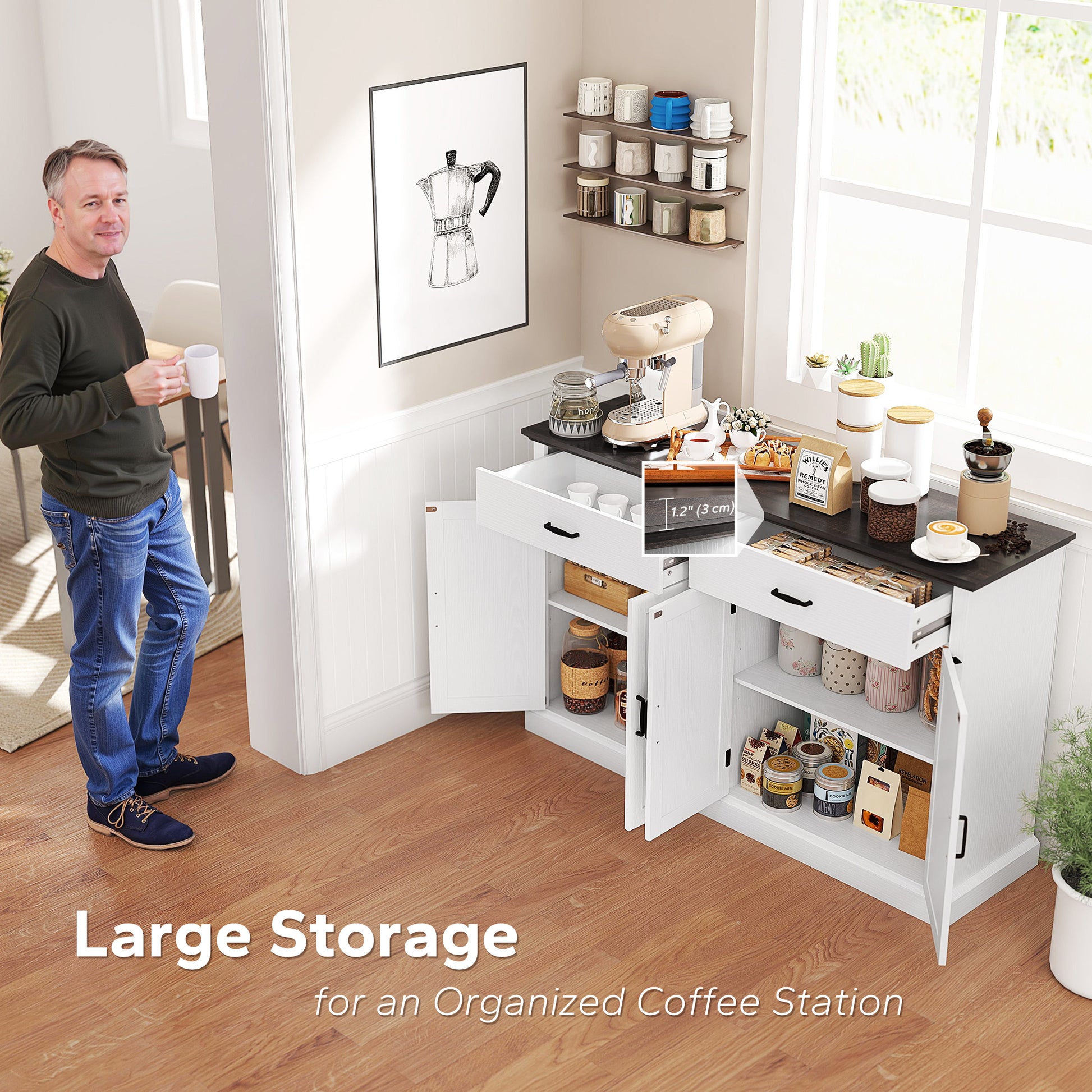 55" Farmhouse Buffet Cabinet, White with Charging Station, 4 Barn Doors, 2 Drawers-DECOROLALA