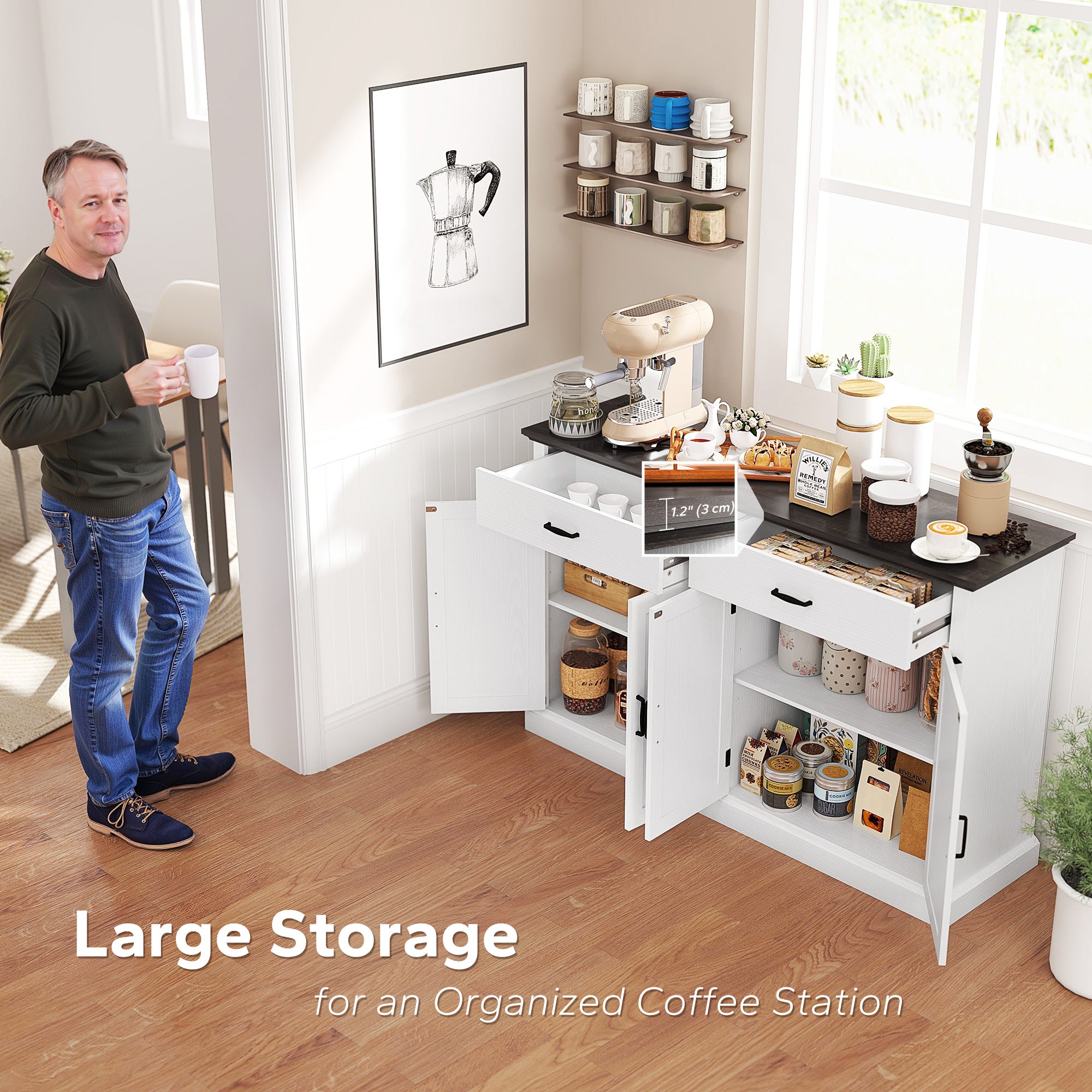 55" Farmhouse Buffet Cabinet, White with Charging Station, 4 Barn Doors, 2 Drawers-DECOROLALA