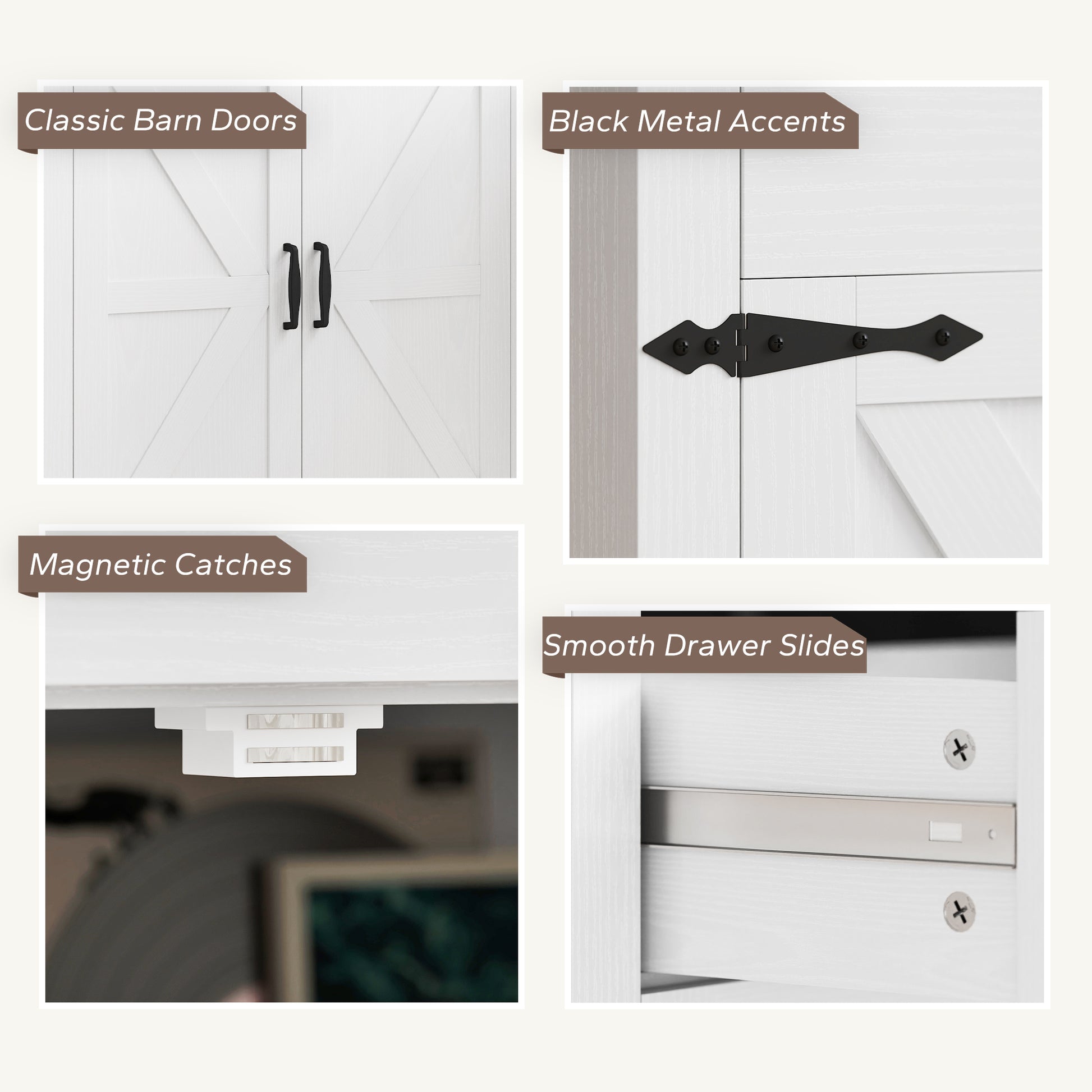55" Farmhouse Buffet Cabinet, White with Charging Station, 4 Barn Doors, 2 Drawers-DECOROLALA