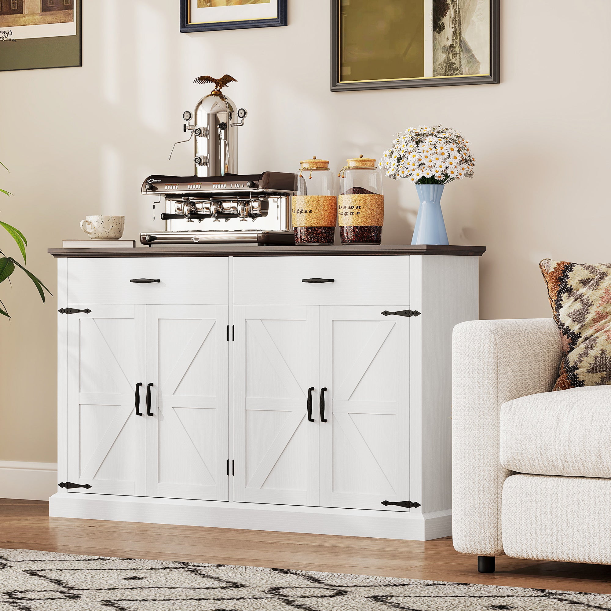 55" Farmhouse Buffet Cabinet, White with Charging Station, 4 Barn Doors, 2 Drawers-DECOROLALA