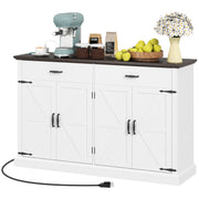 55" Farmhouse Buffet Cabinet, White with Charging Station, 4 Barn Doors, 2 Drawers-DECOROLALA
