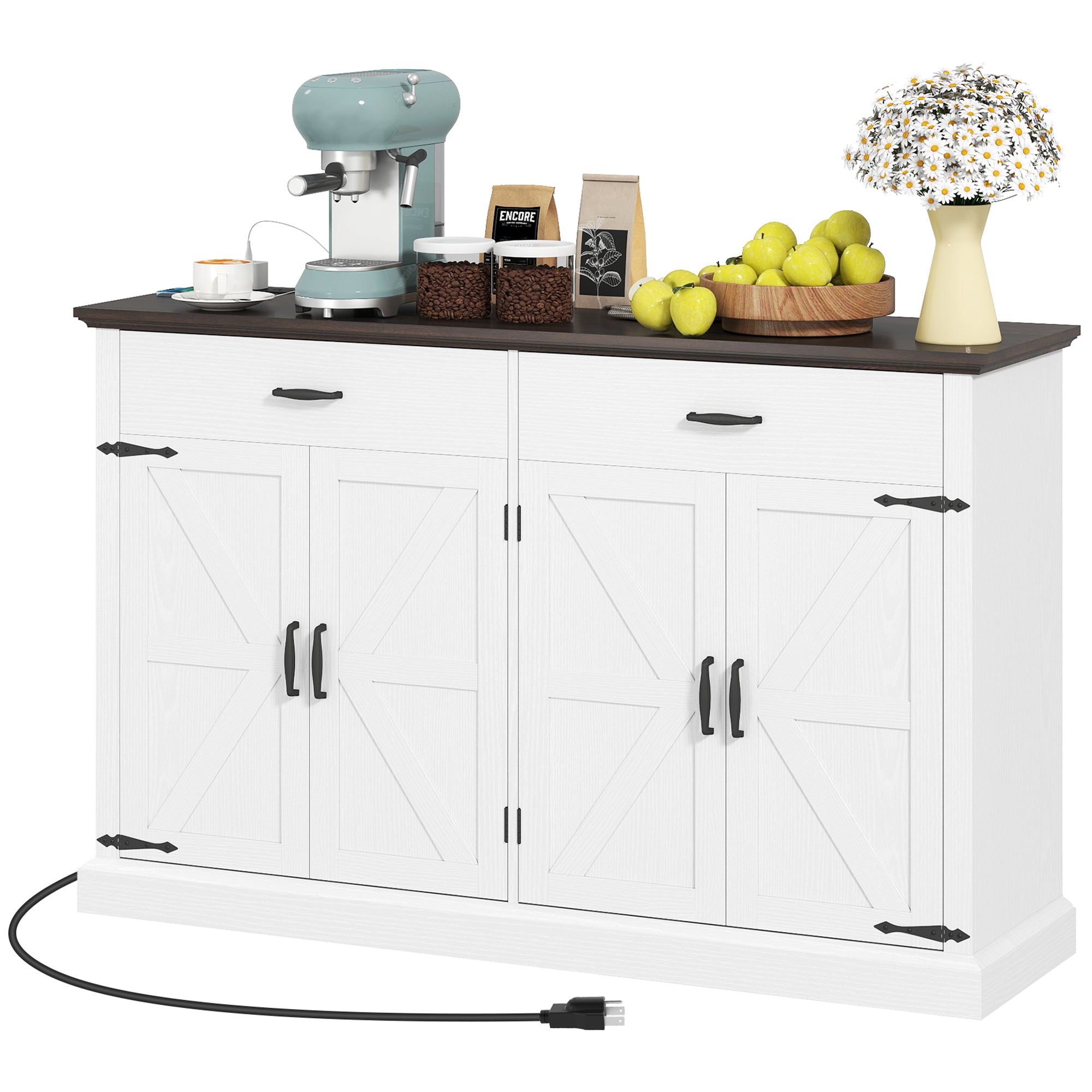 55" Farmhouse Buffet Cabinet, White with Charging Station, 4 Barn Doors, 2 Drawers-DECOROLALA