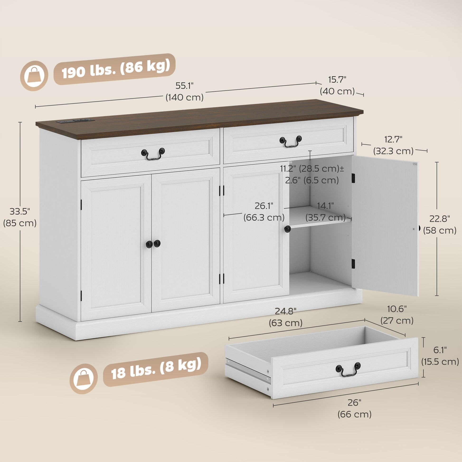 55" Farmhouse Buffet Cabinet with Charging Station - White-DECOROLALA