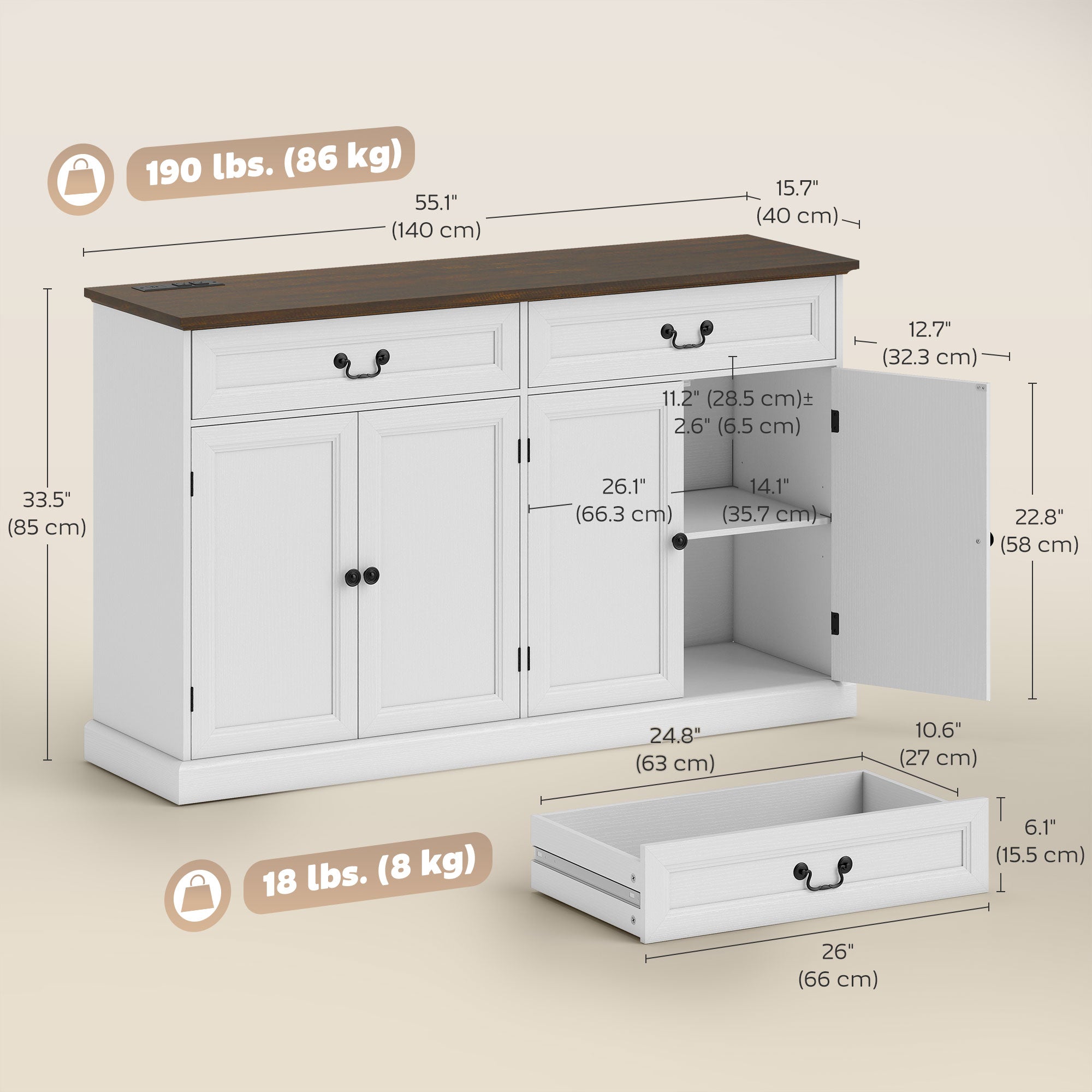 55" Farmhouse Buffet Cabinet with Charging Station - White-DECOROLALA