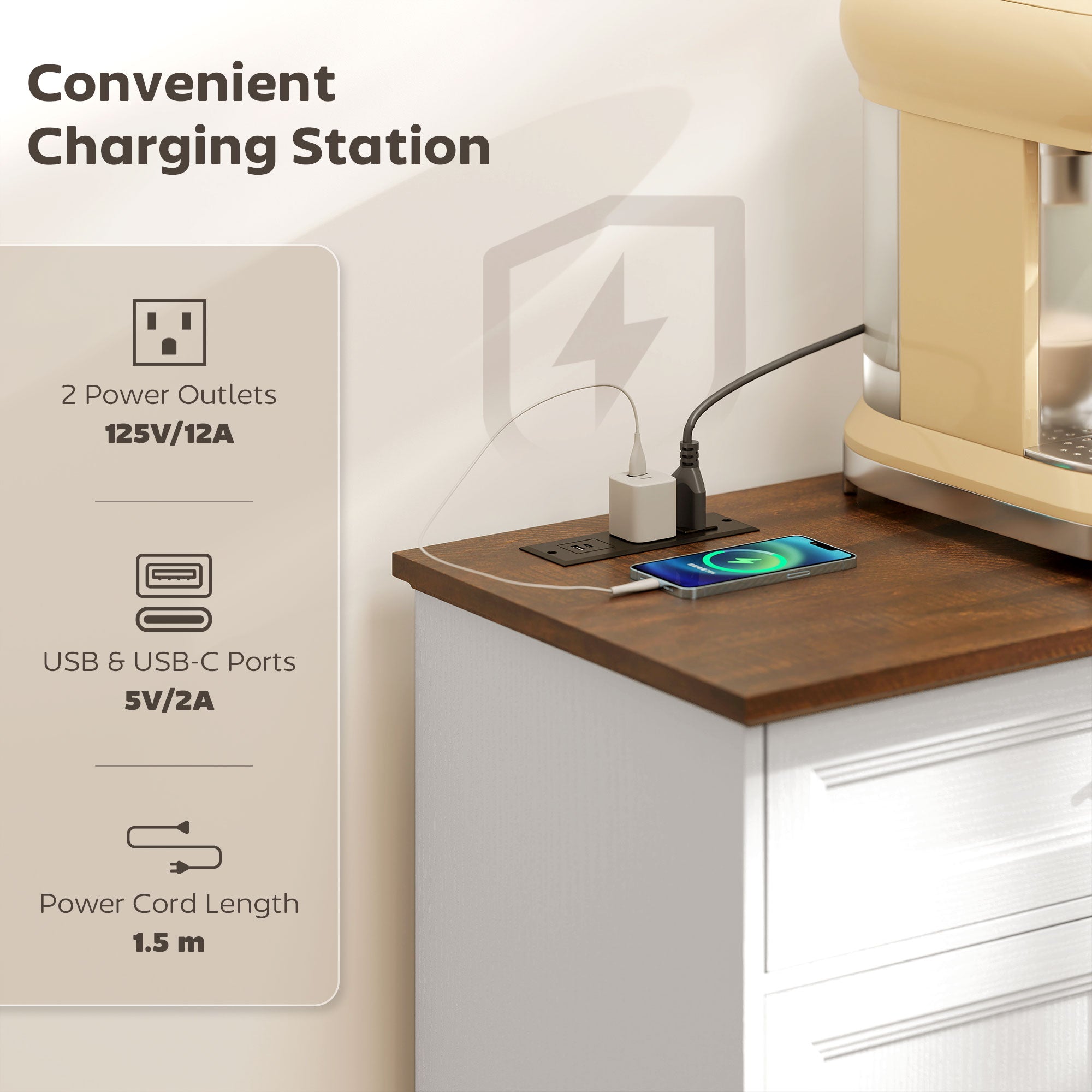 55" Farmhouse Buffet Cabinet with Charging Station - White-DECOROLALA