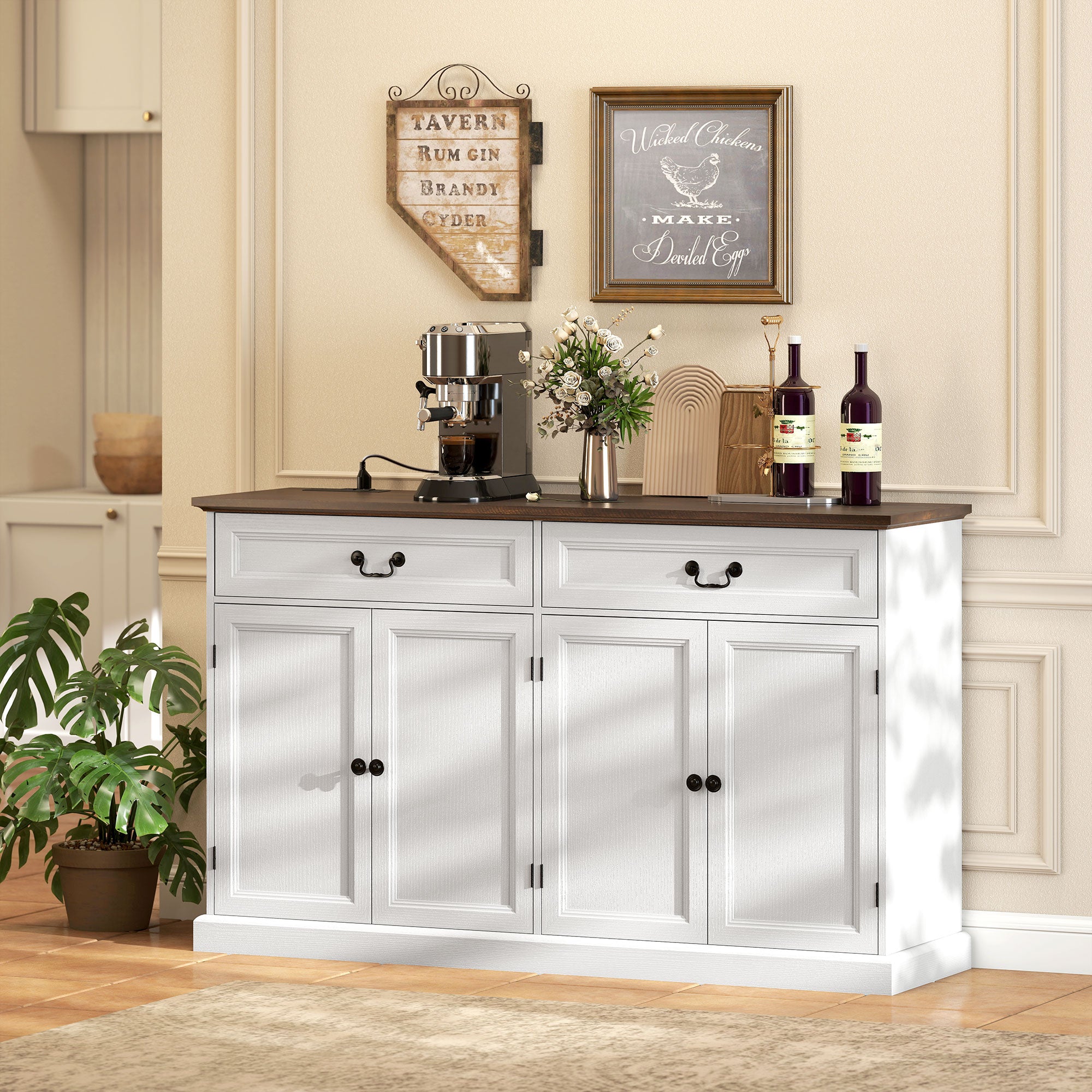 55" Farmhouse Buffet Cabinet with Charging Station - White-DECOROLALA