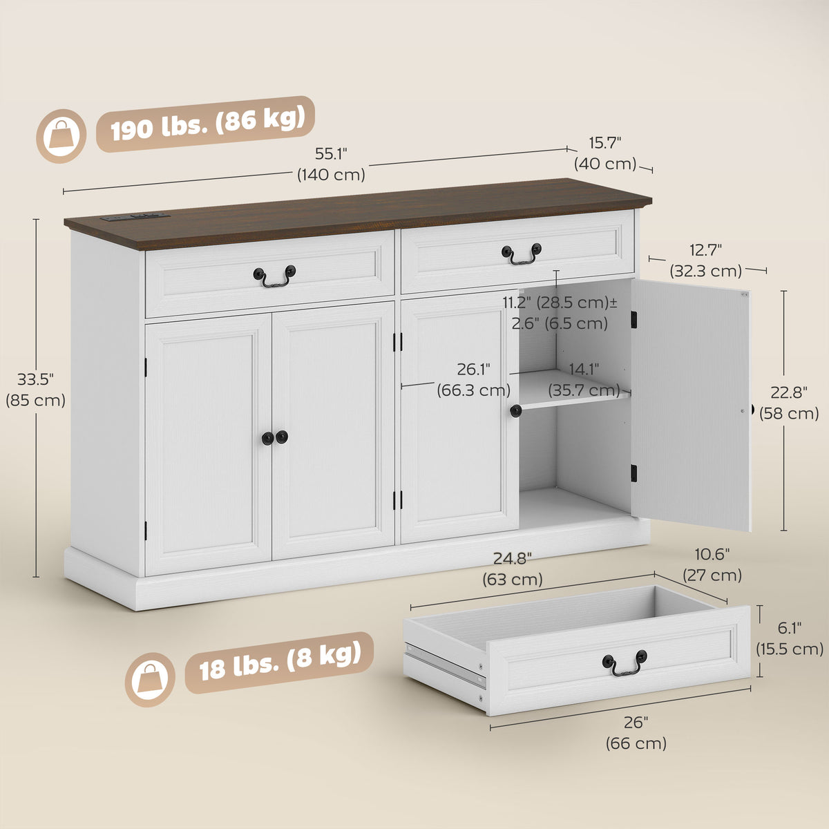 55" Farmhouse Buffet Cabinet with Charging Station - White-Sideboards & Buffets-DECOROLALA
