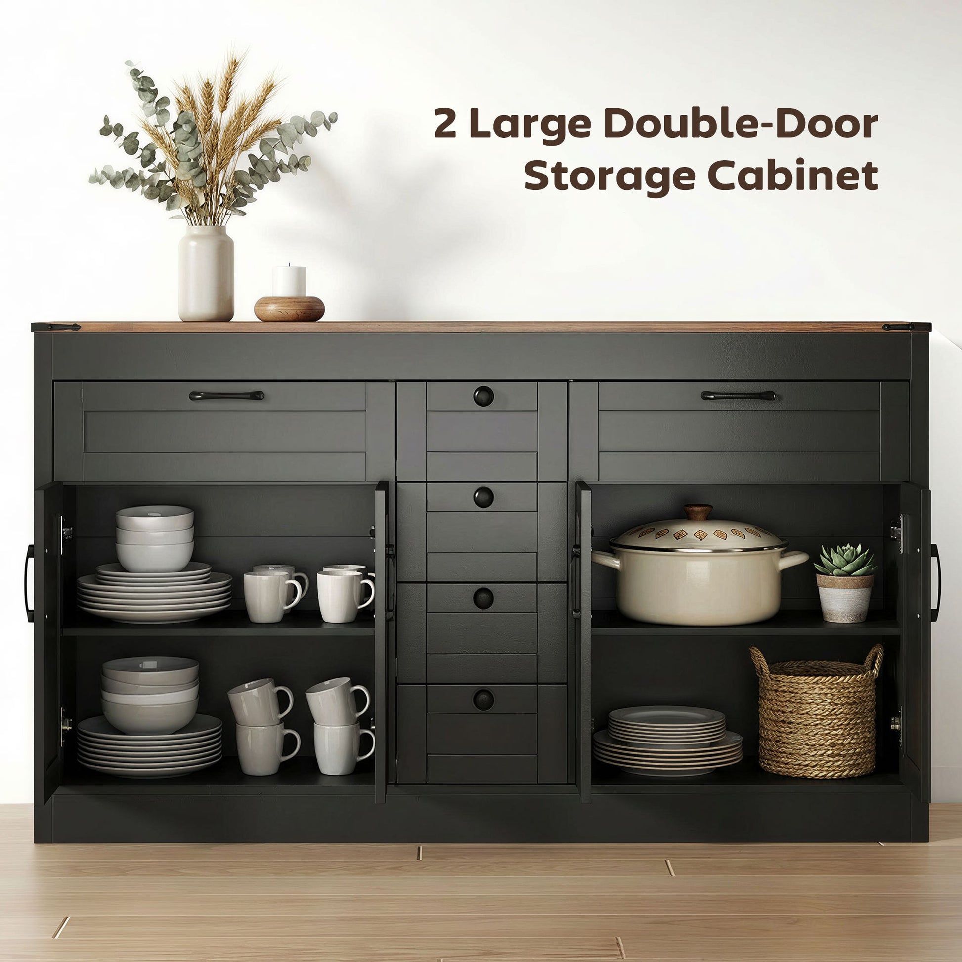 55" Farmhouse Sideboard Buffet Cabinet - Black-DECOROLALA