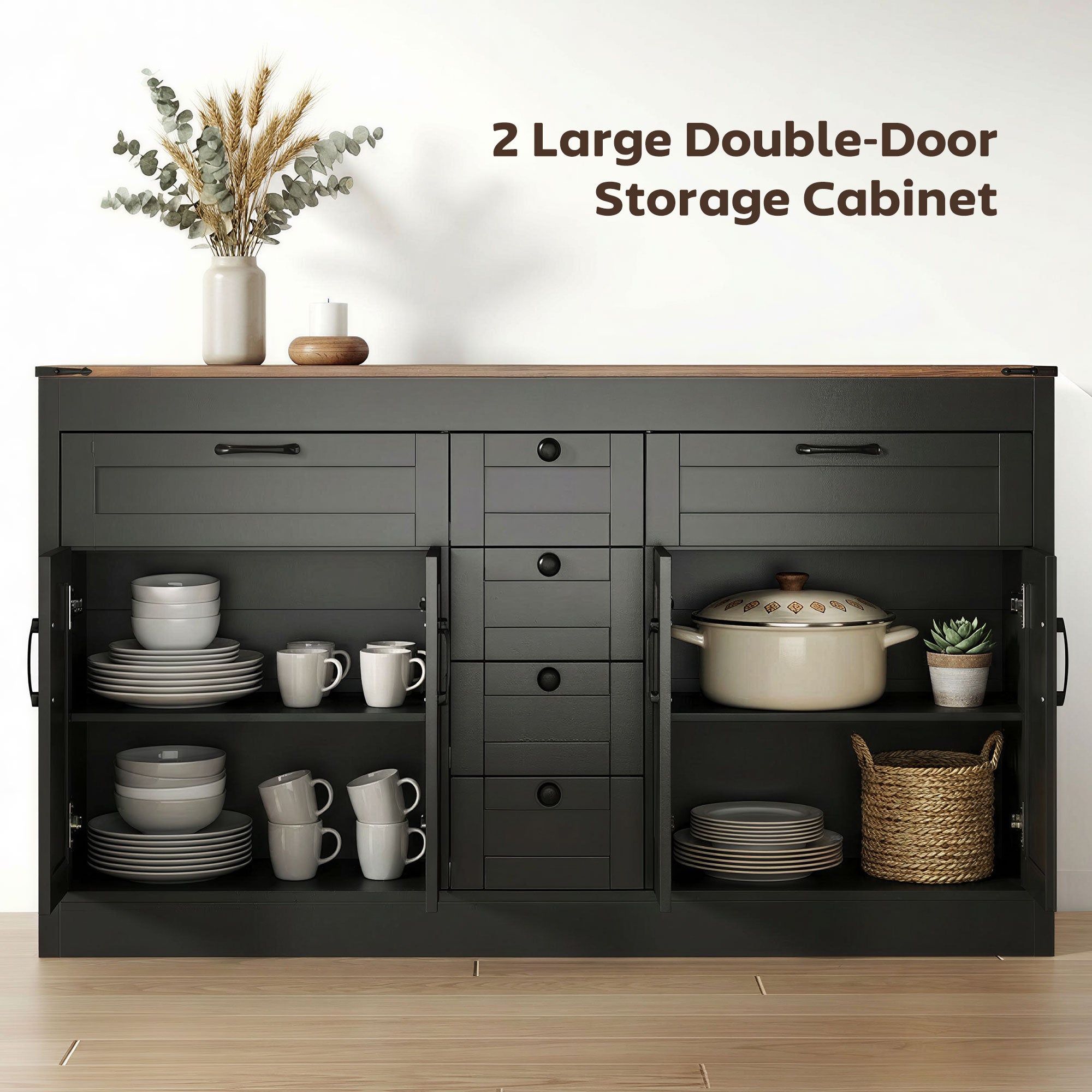 55" Farmhouse Sideboard Buffet Cabinet - Black-DECOROLALA