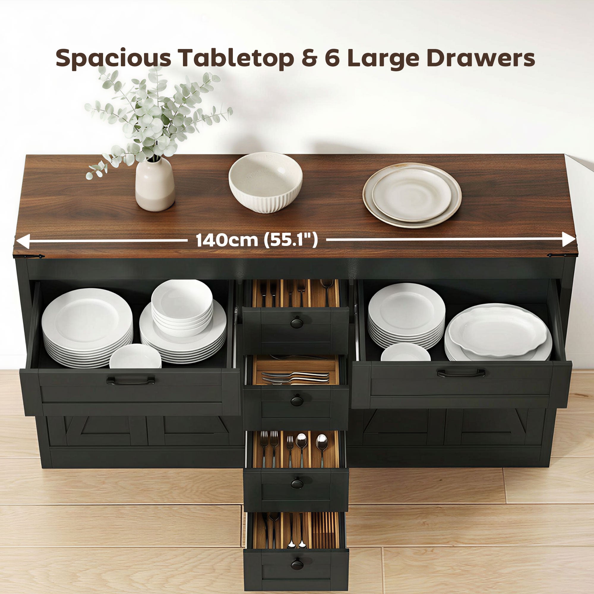 55" Farmhouse Sideboard Buffet Cabinet - Black-DECOROLALA