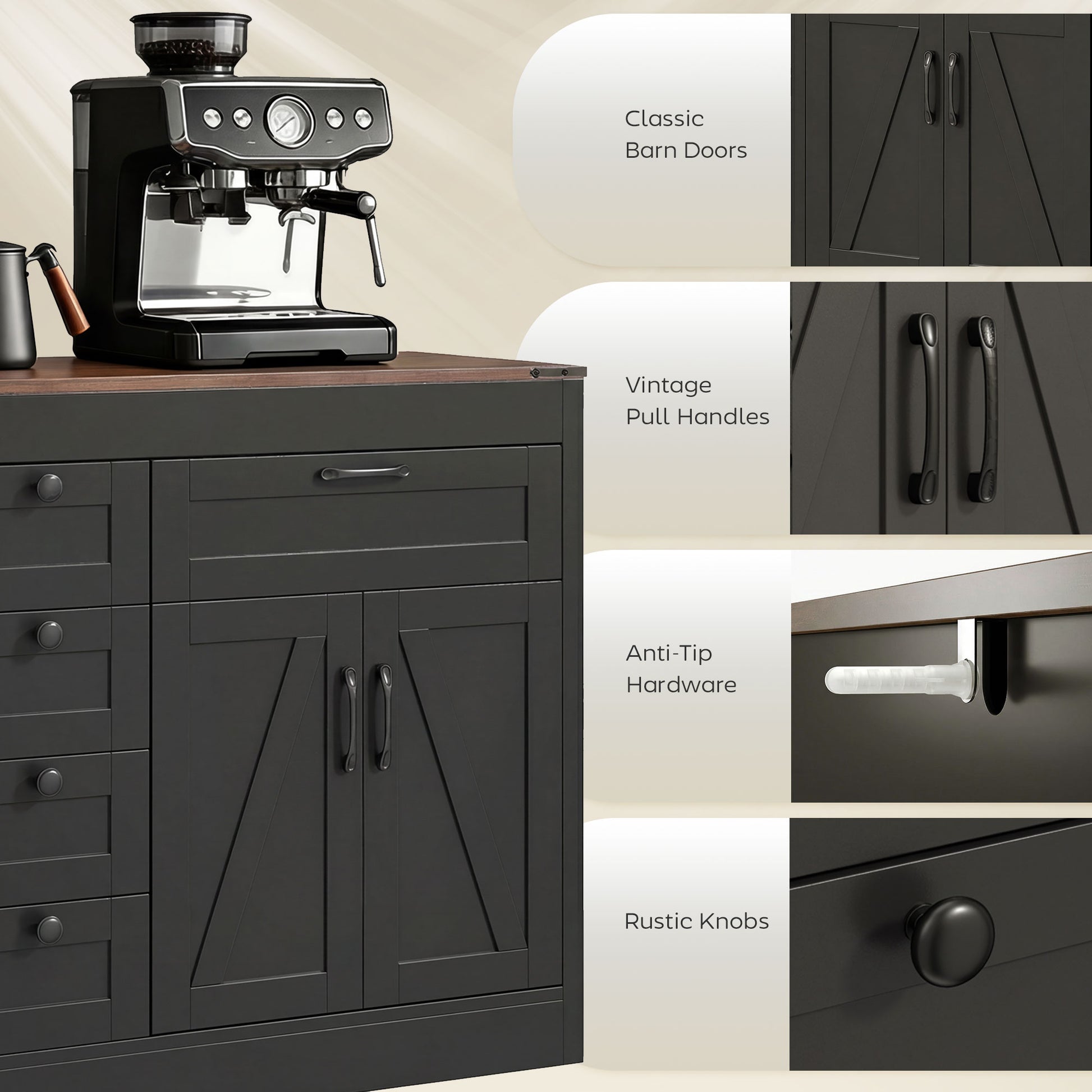 55" Farmhouse Sideboard Buffet Cabinet - Black-DECOROLALA