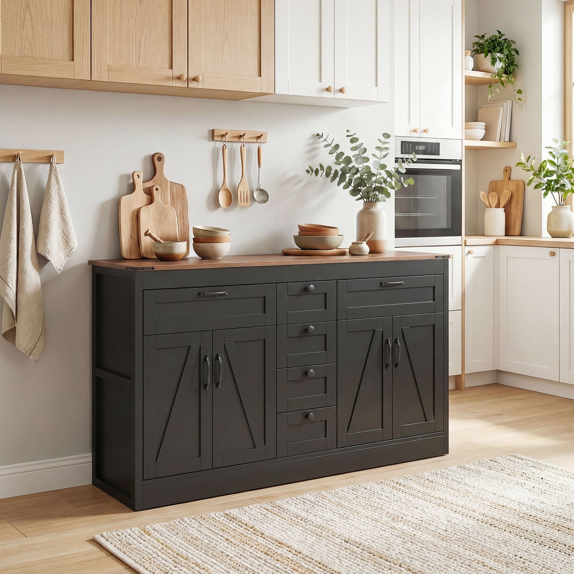 55" Farmhouse Sideboard Buffet Cabinet - Black-DECOROLALA