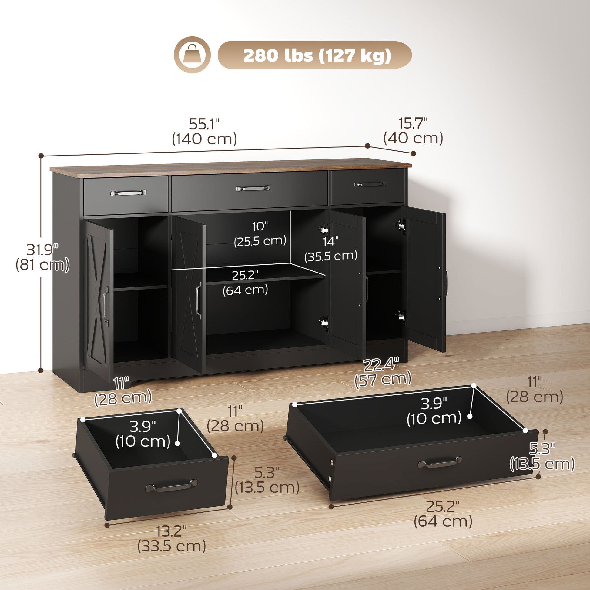 55" Farmhouse Sideboard Buffet Cabinet - Black/Brown-DECOROLALA