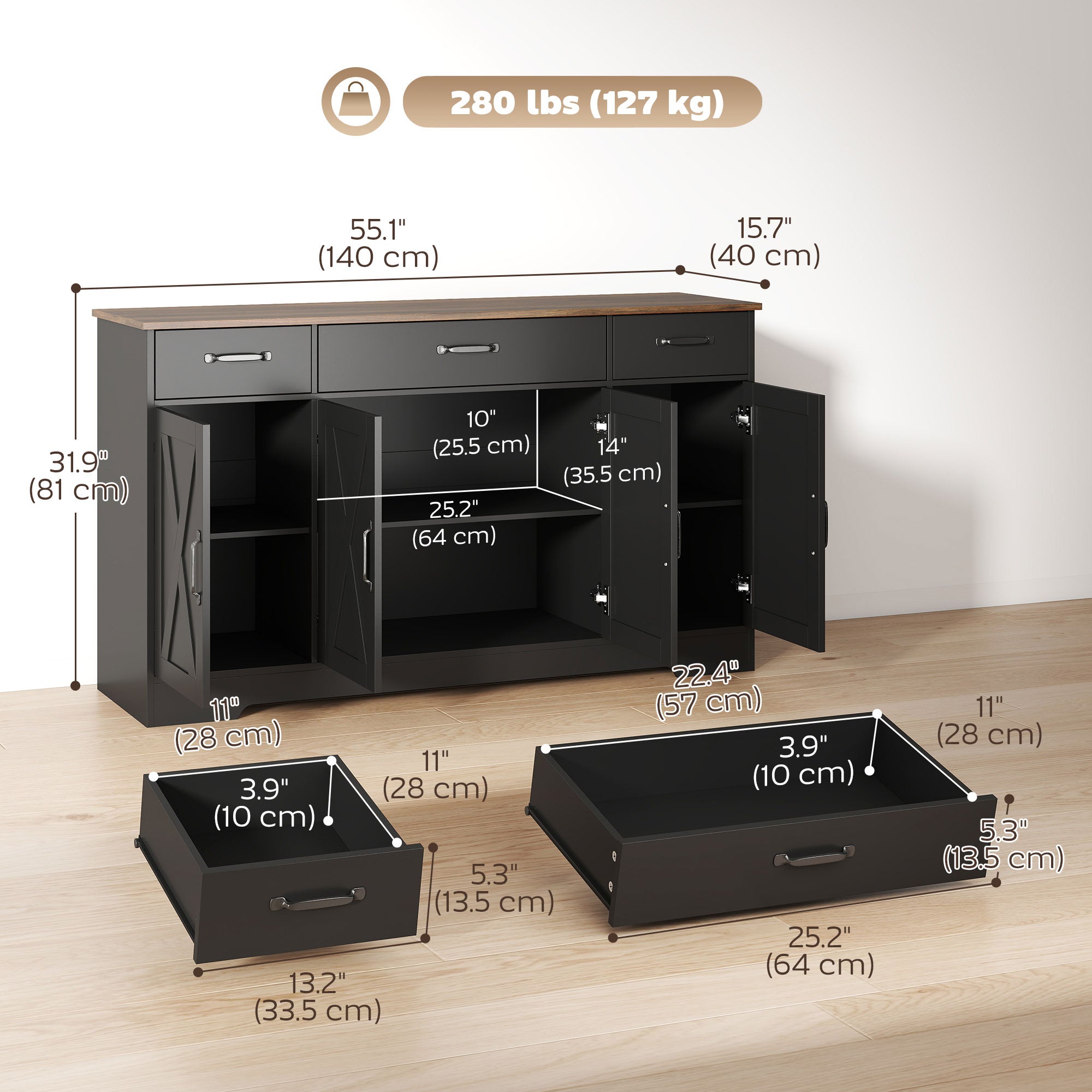 55" Farmhouse Sideboard Buffet Cabinet - Black/Brown-DECOROLALA