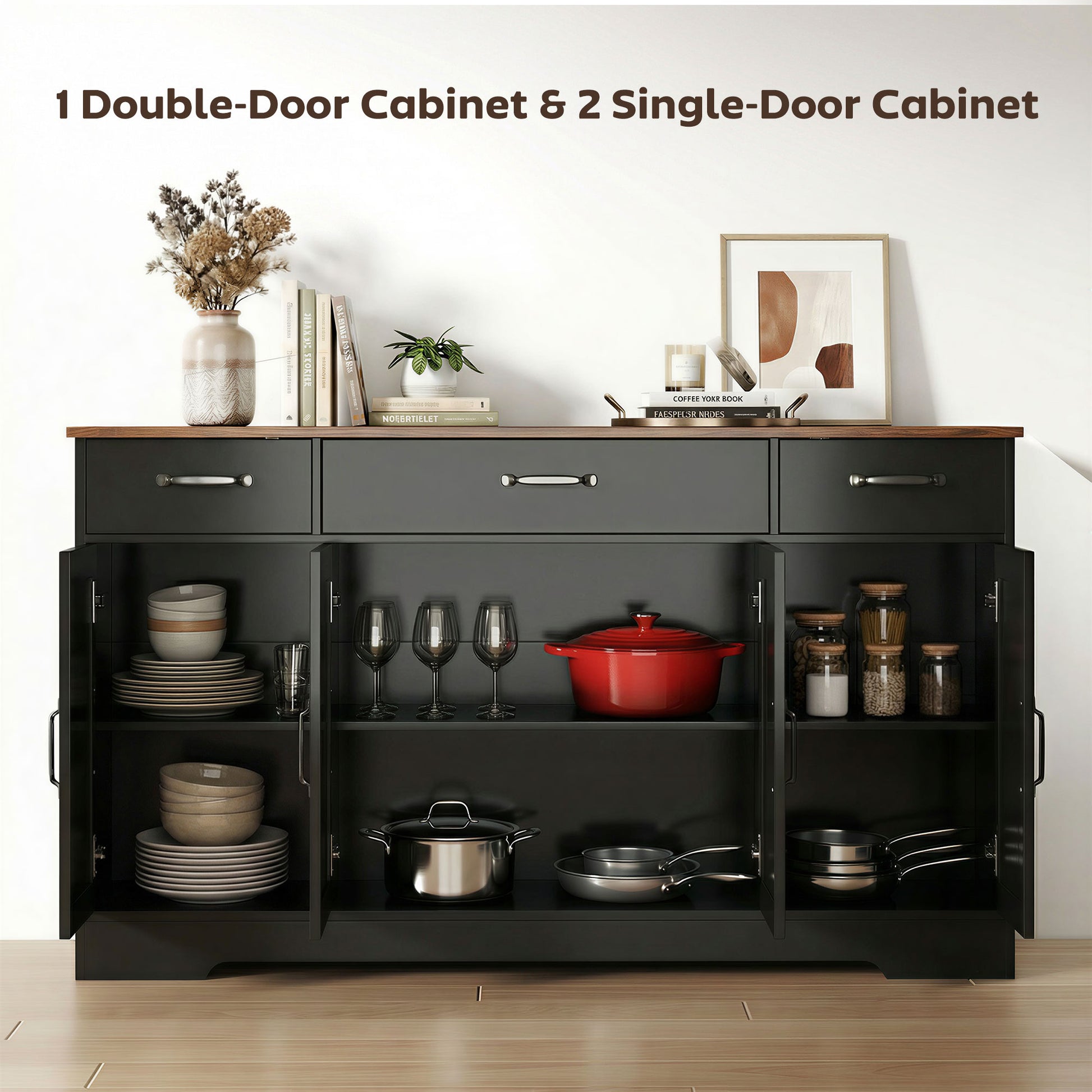 55" Farmhouse Sideboard Buffet Cabinet - Black/Brown-DECOROLALA