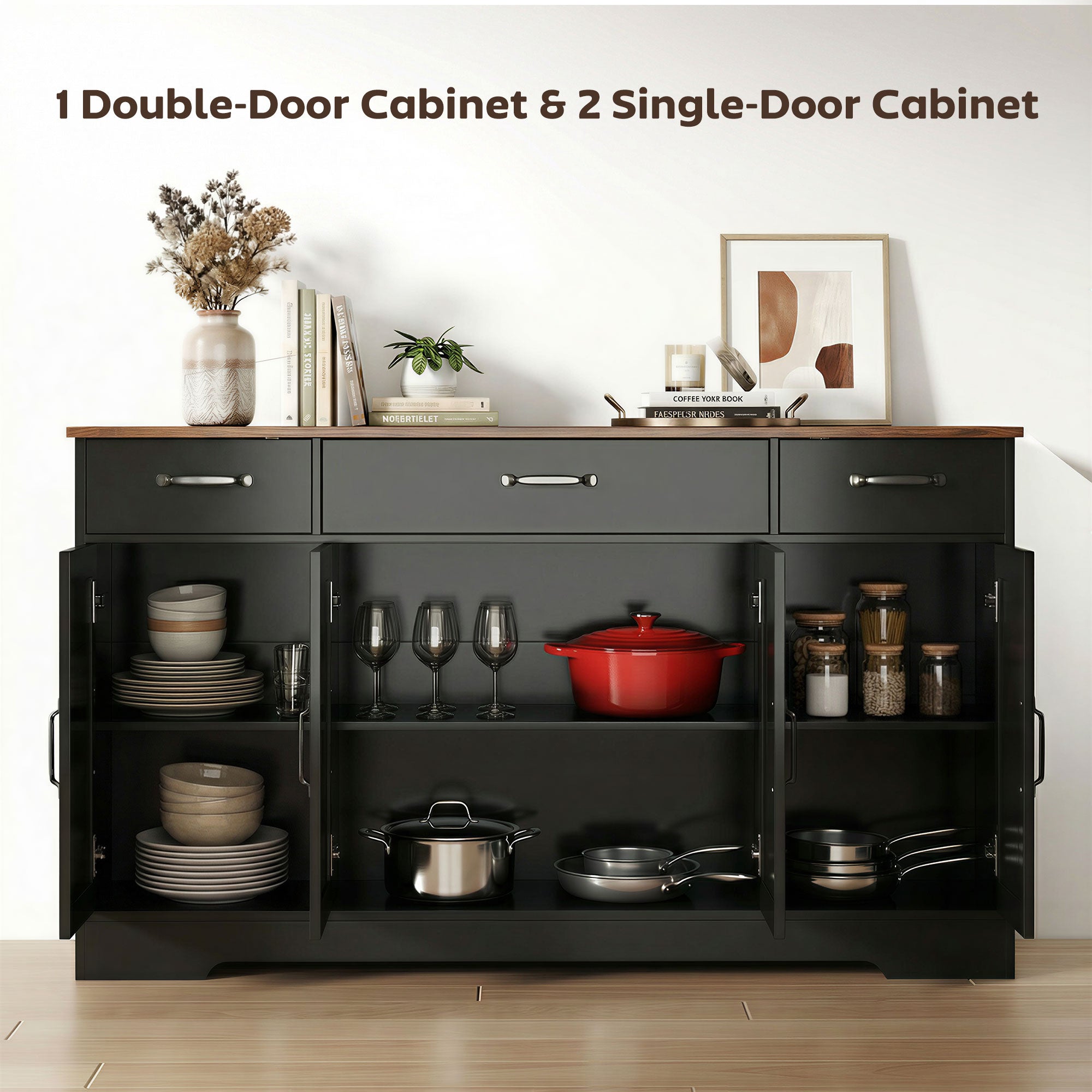 55" Farmhouse Sideboard Buffet Cabinet - Black/Brown-DECOROLALA