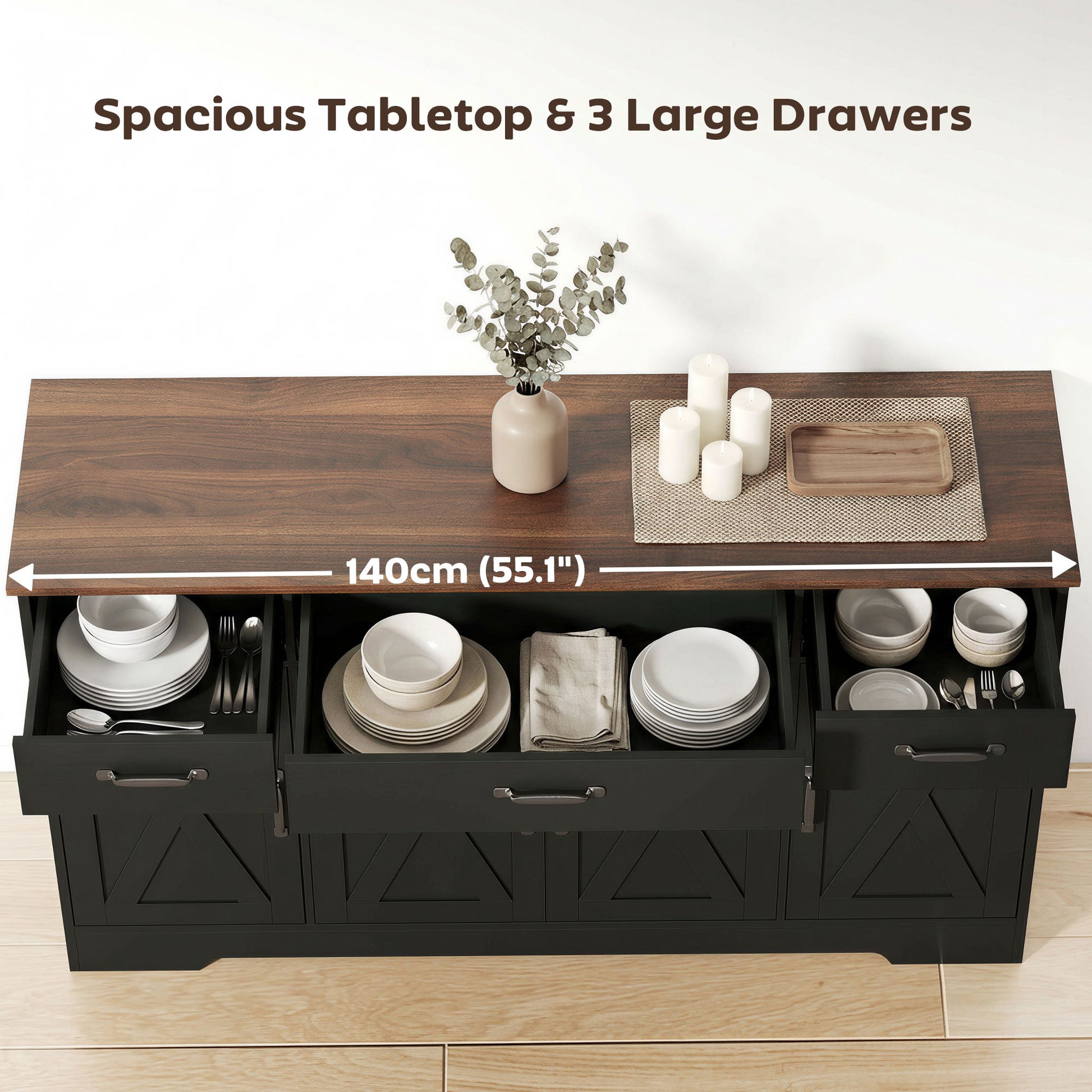 55" Farmhouse Sideboard Buffet Cabinet - Black/Brown-DECOROLALA