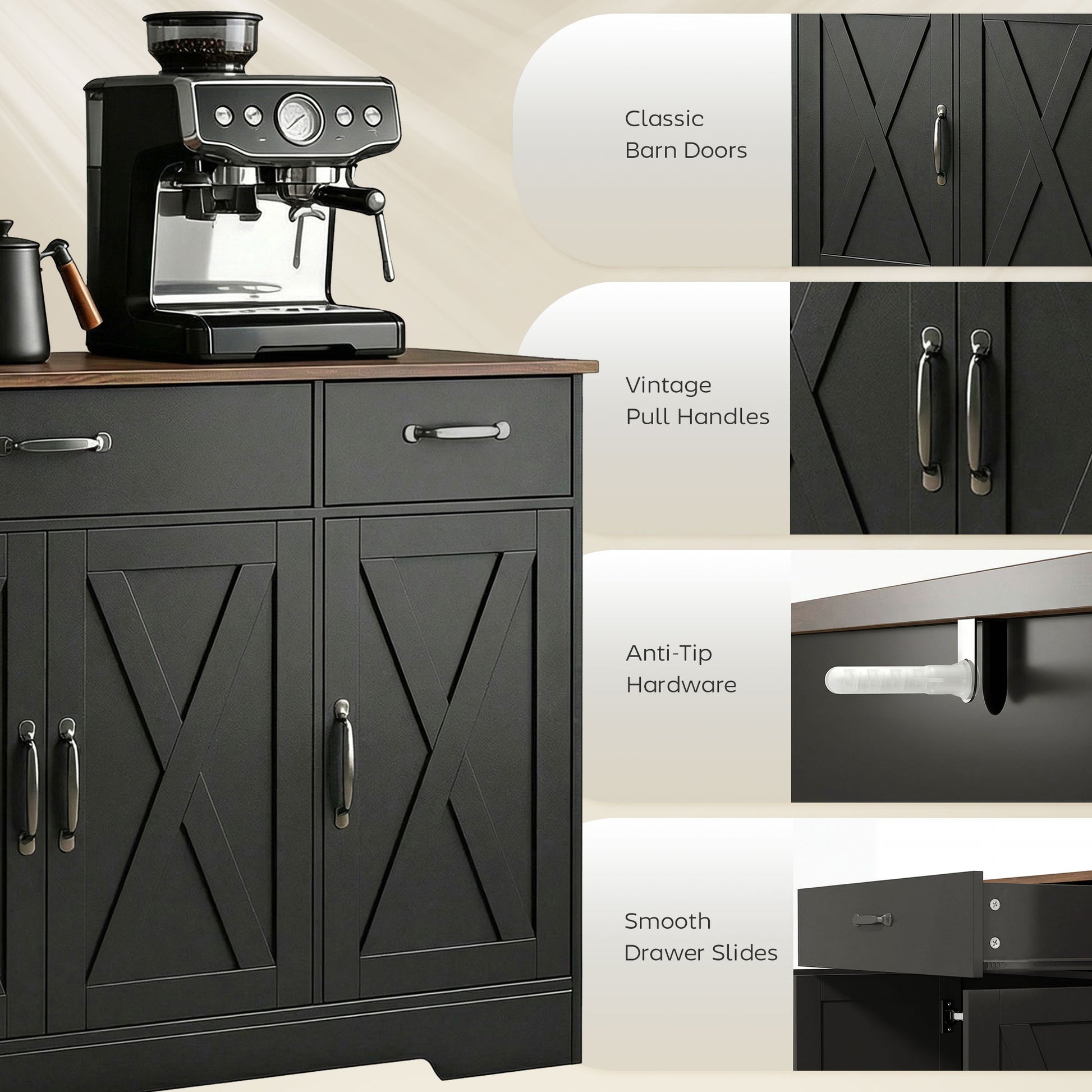 55" Farmhouse Sideboard Buffet Cabinet - Black/Brown-DECOROLALA