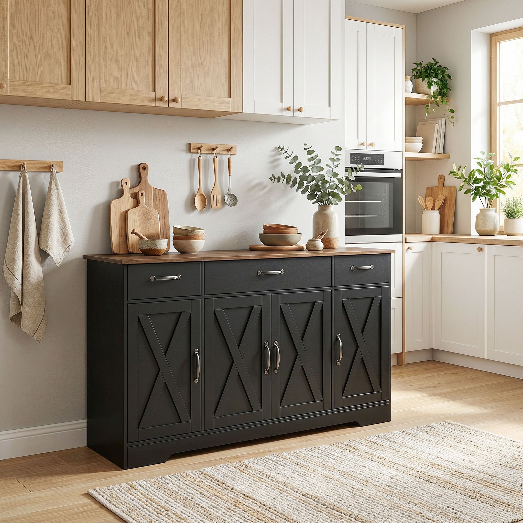 55" Farmhouse Sideboard Buffet Cabinet - Black/Brown-DECOROLALA