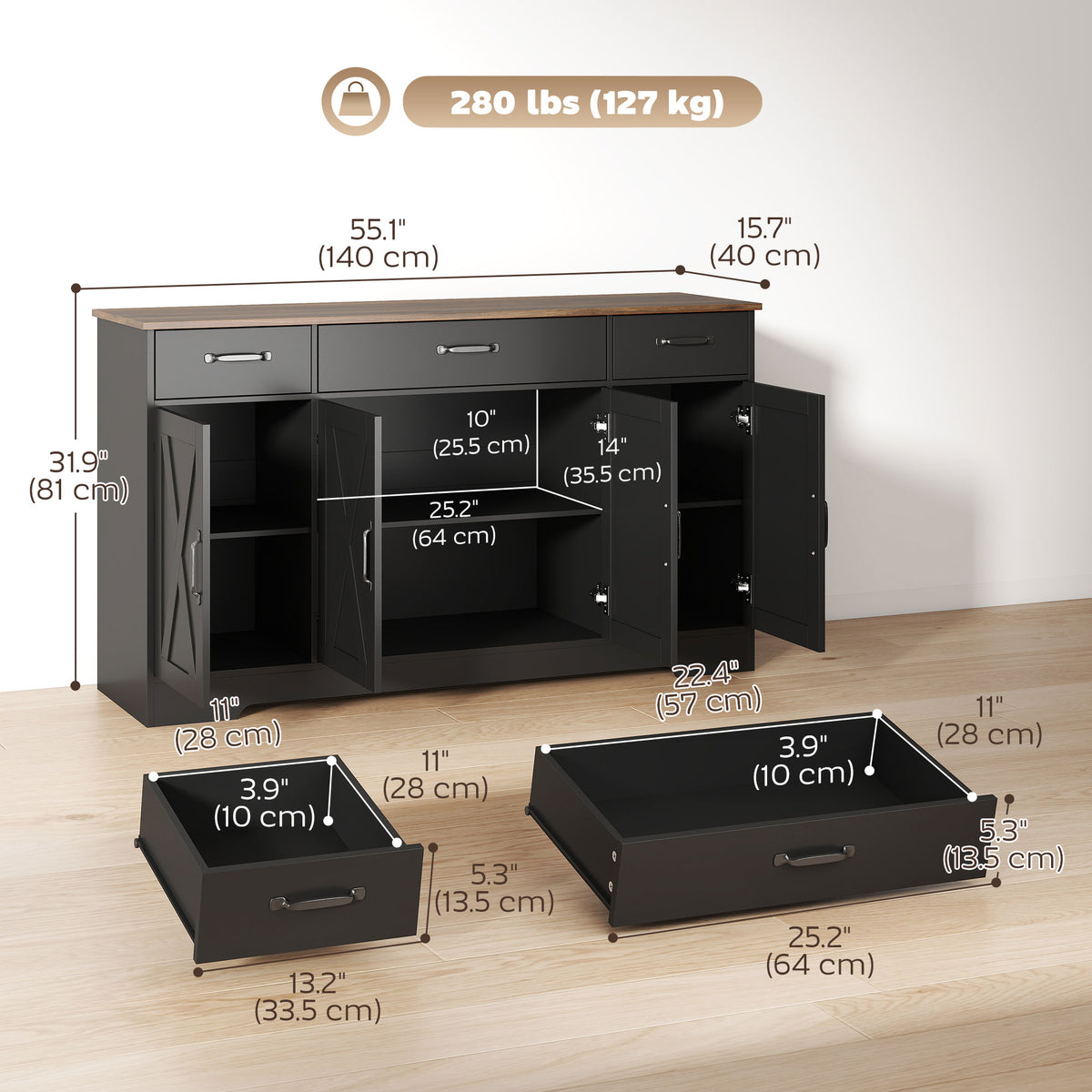 55" Farmhouse Sideboard Buffet Cabinet - Black/Brown-Sideboards & Buffets-DECOROLALA
