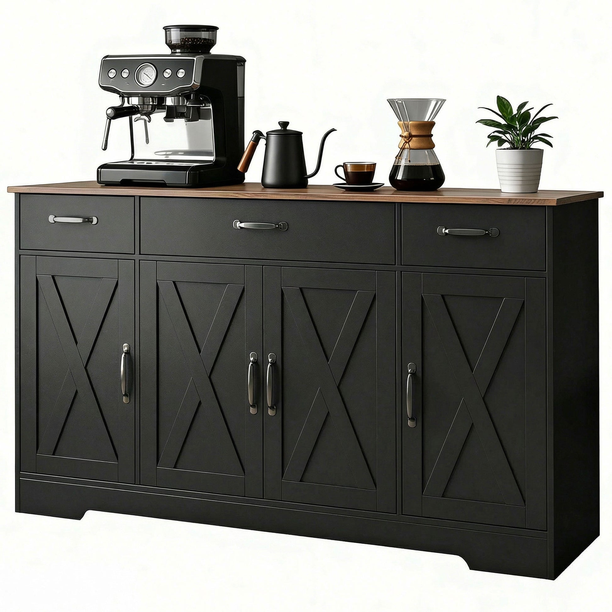 55" Farmhouse Sideboard Buffet Cabinet - Black/Brown-DECOROLALA