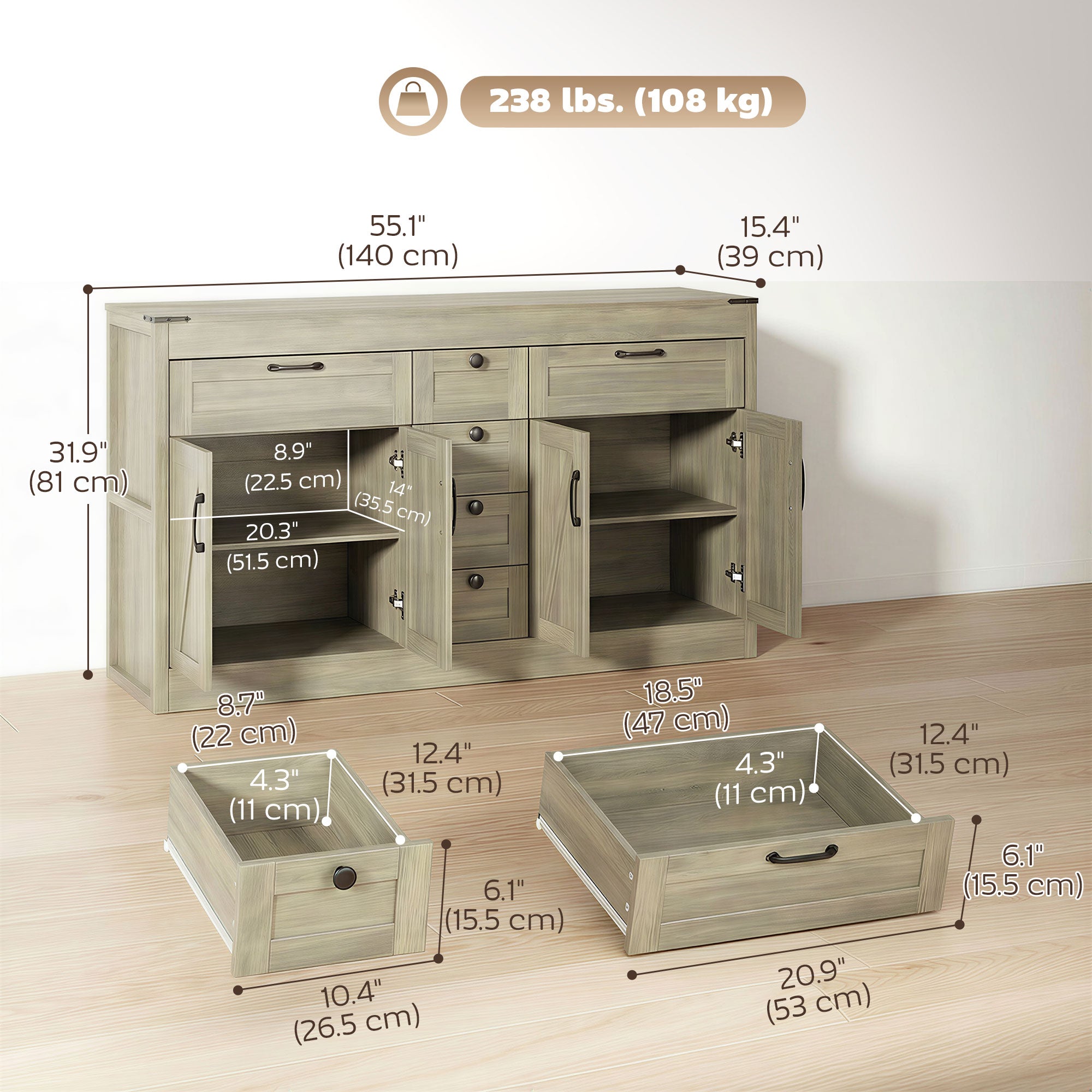 55" Farmhouse Sideboard Buffet Cabinet - Grey Wood Grain-DECOROLALA