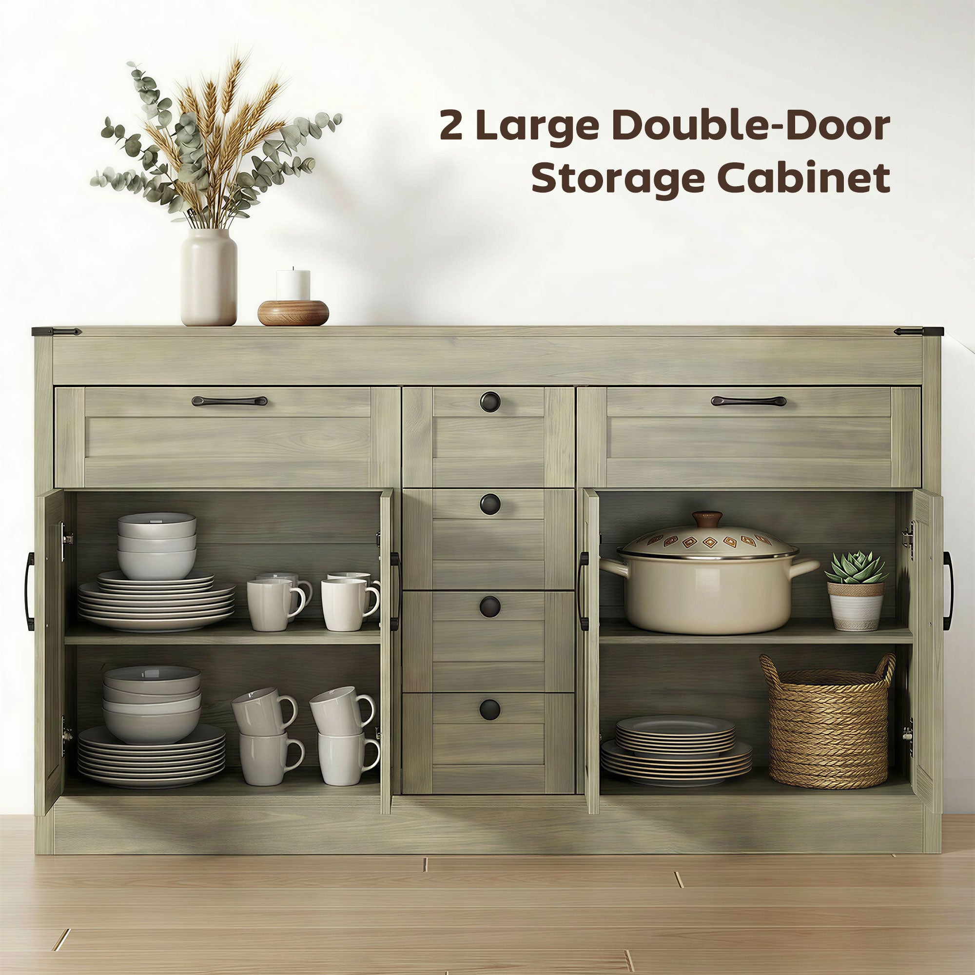 55" Farmhouse Sideboard Buffet Cabinet - Grey Wood Grain-DECOROLALA