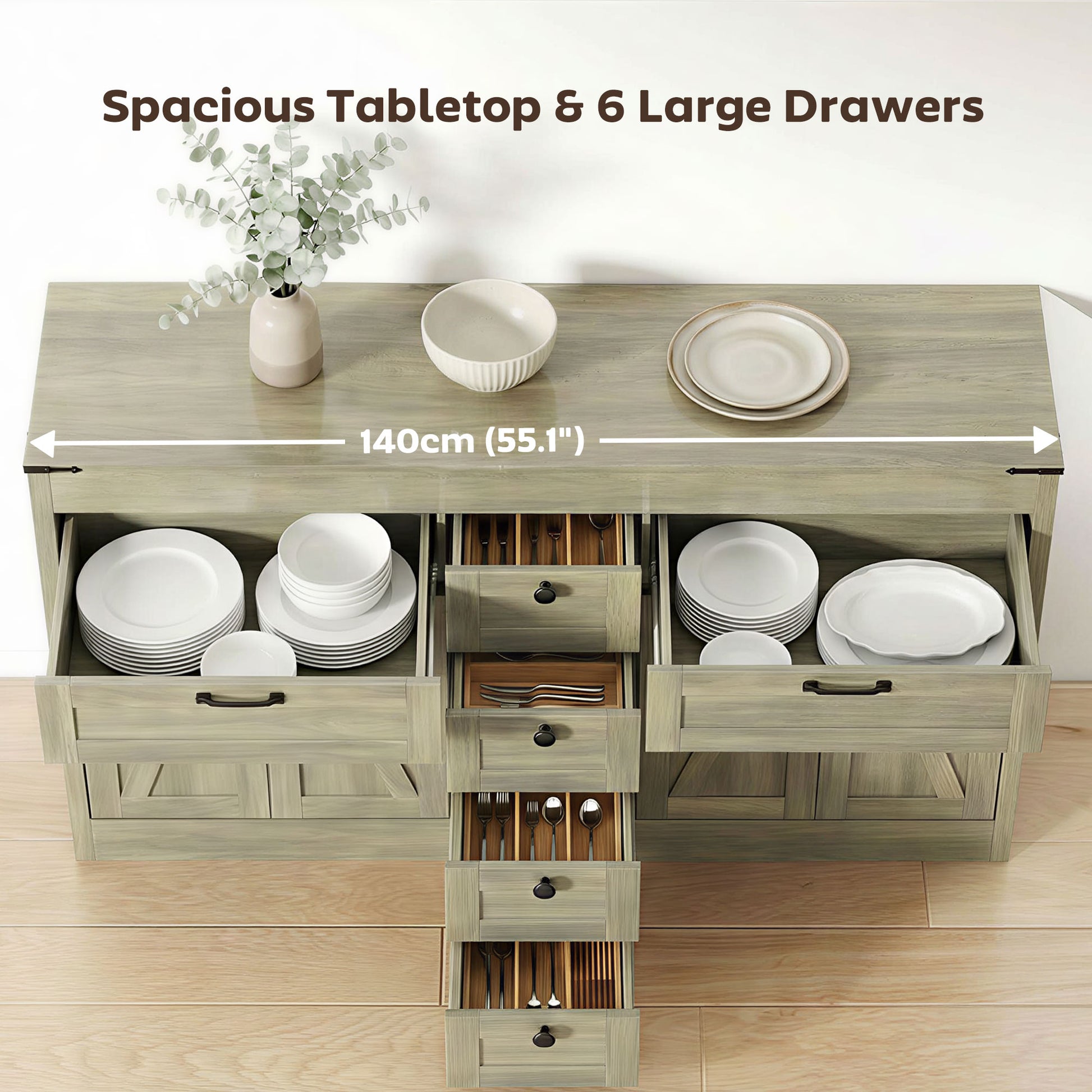 55" Farmhouse Sideboard Buffet Cabinet - Grey Wood Grain-DECOROLALA