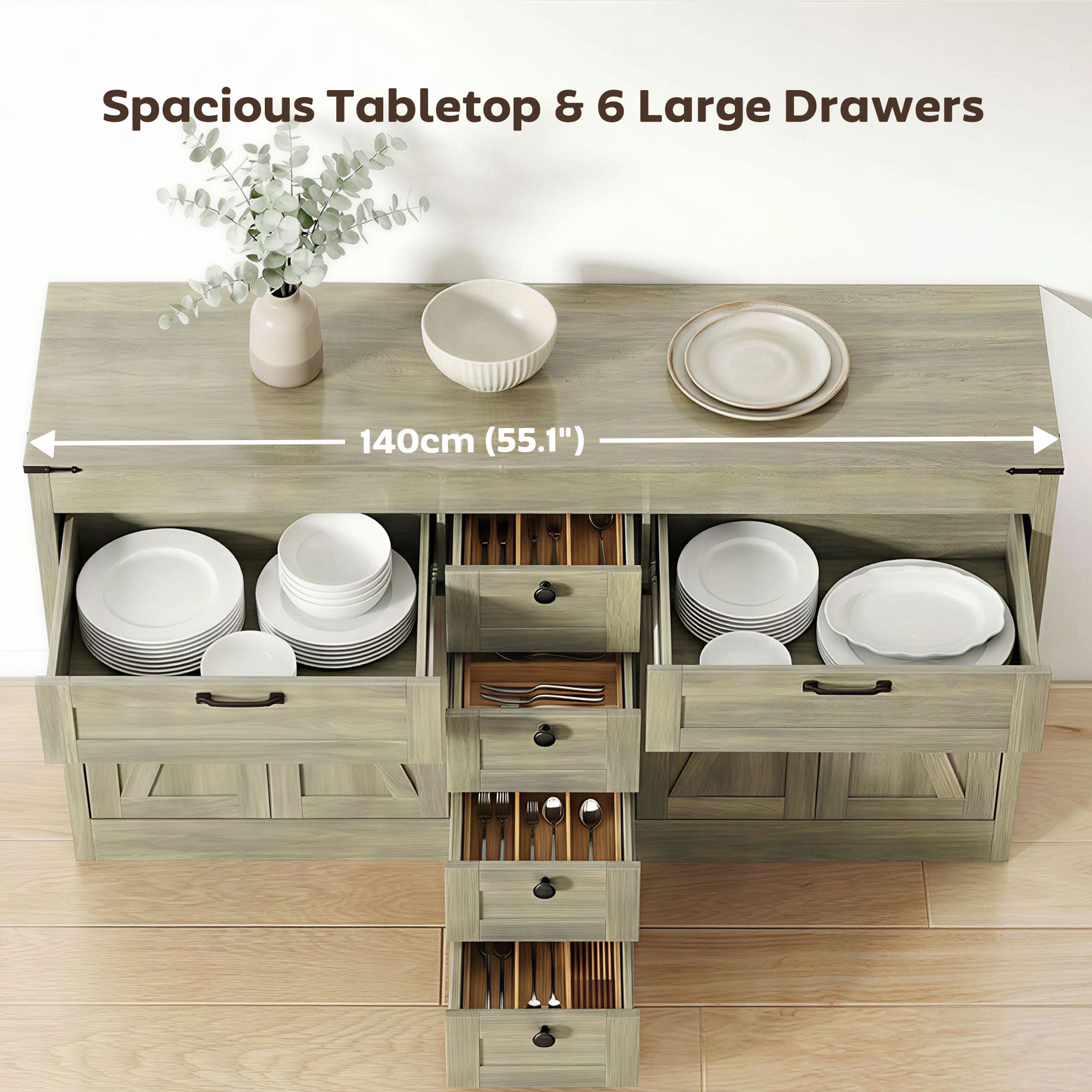 55" Farmhouse Sideboard Buffet Cabinet - Grey Wood Grain-DECOROLALA