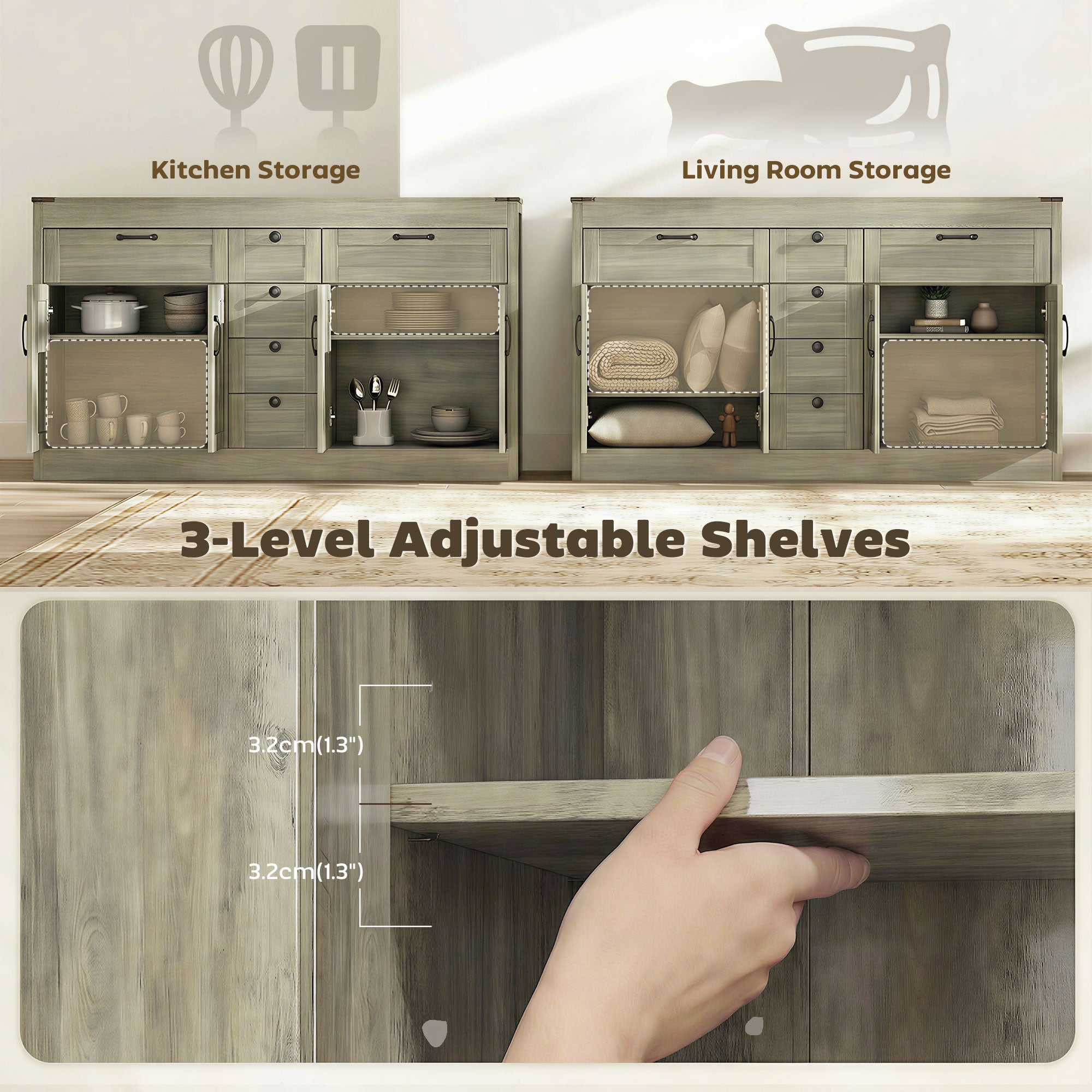 55" Farmhouse Sideboard Buffet Cabinet - Grey Wood Grain-DECOROLALA