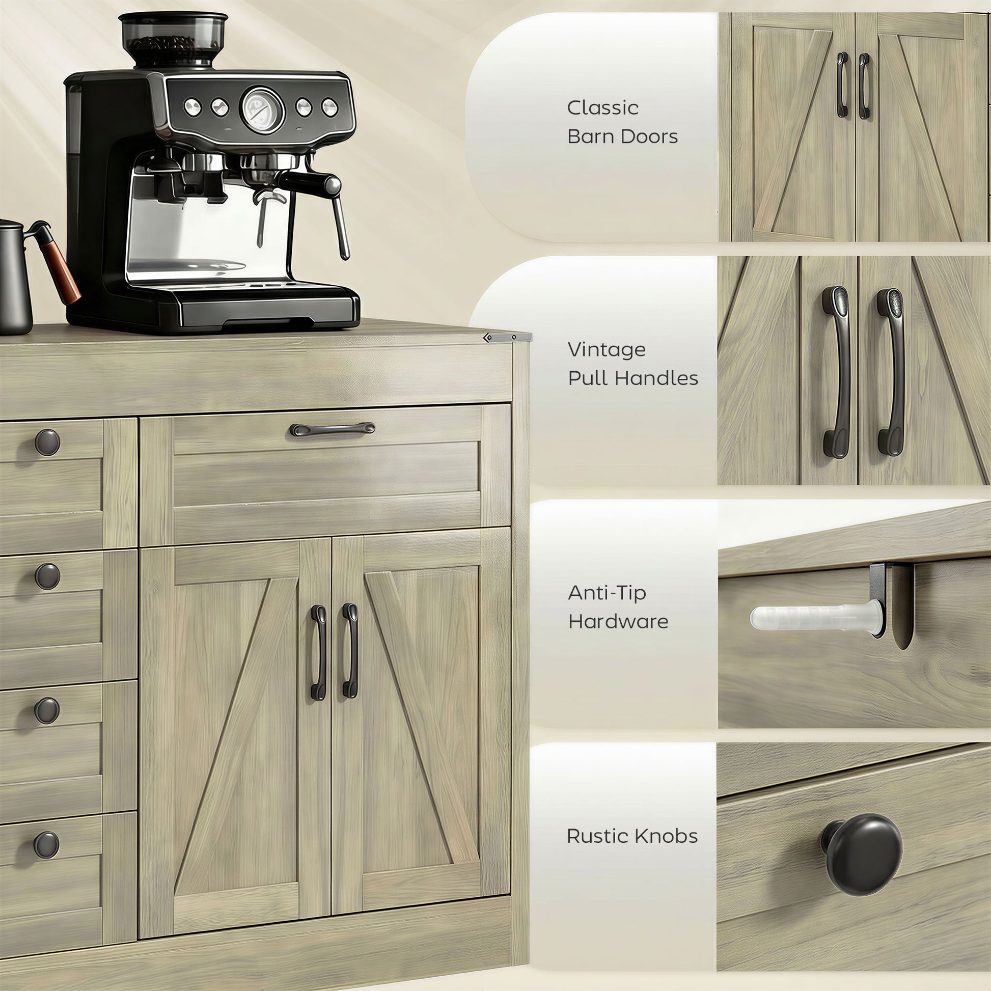 55" Farmhouse Sideboard Buffet Cabinet - Grey Wood Grain-DECOROLALA