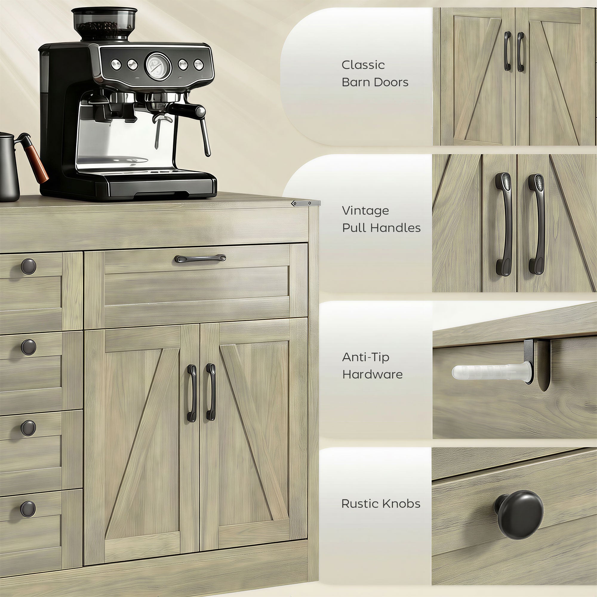 55" Farmhouse Sideboard Buffet Cabinet - Grey Wood Grain-DECOROLALA