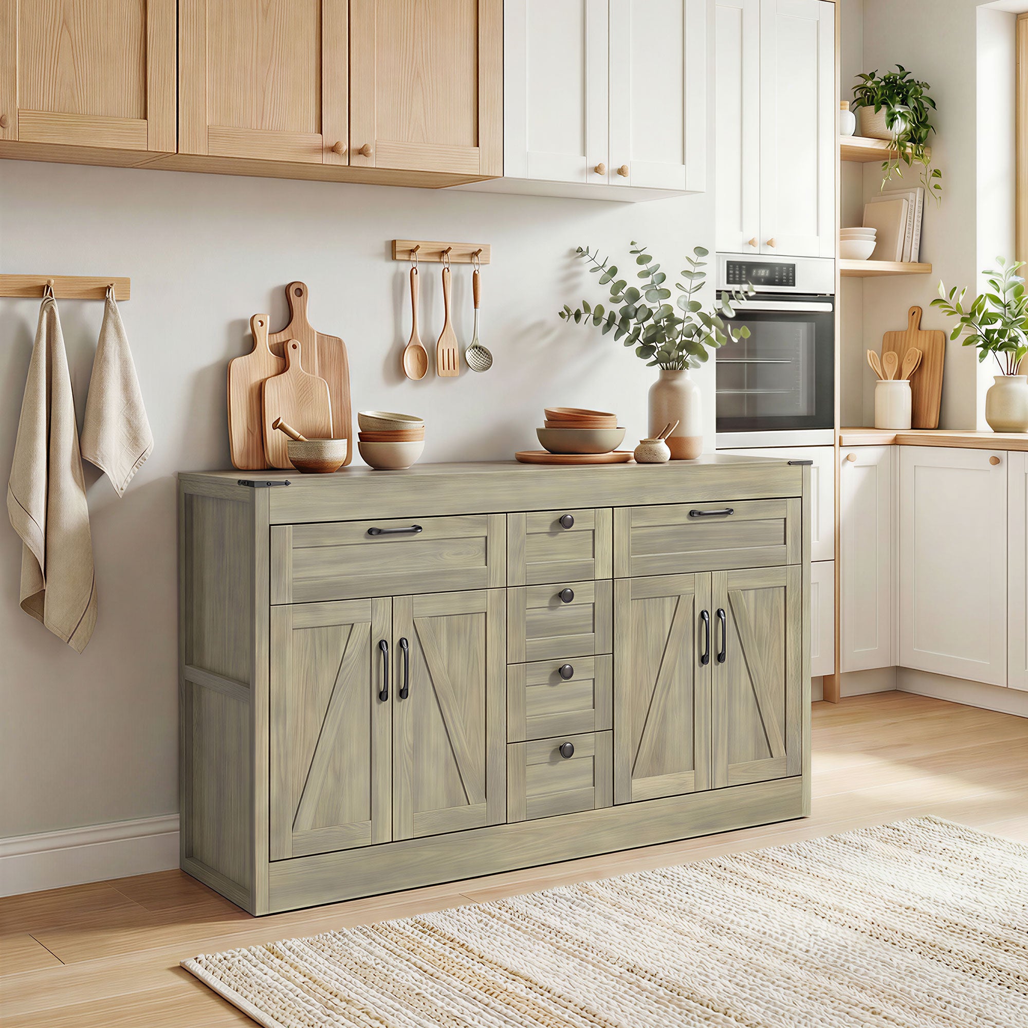 55" Farmhouse Sideboard Buffet Cabinet - Grey Wood Grain-DECOROLALA