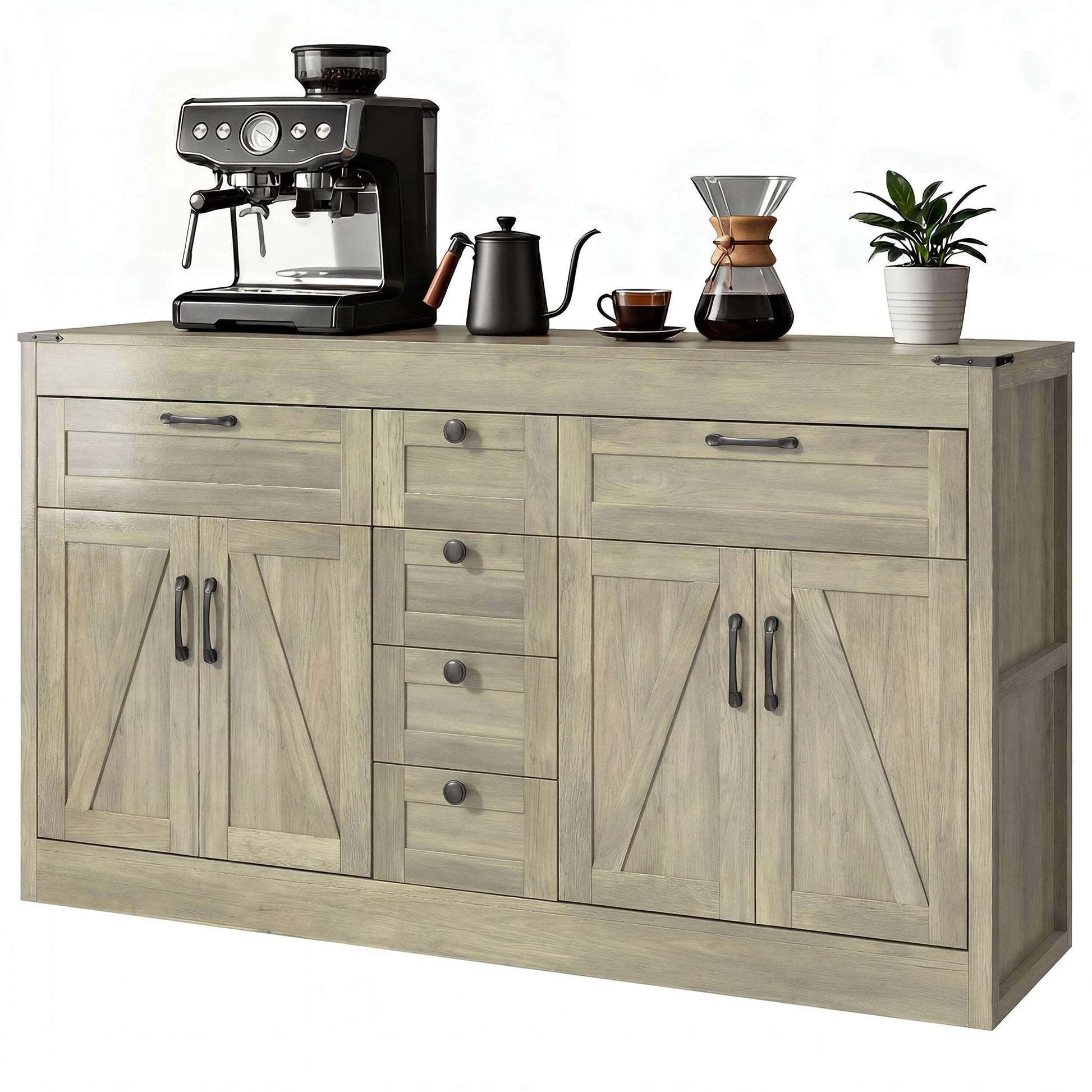 55" Farmhouse Sideboard Buffet Cabinet - Grey Wood Grain-DECOROLALA