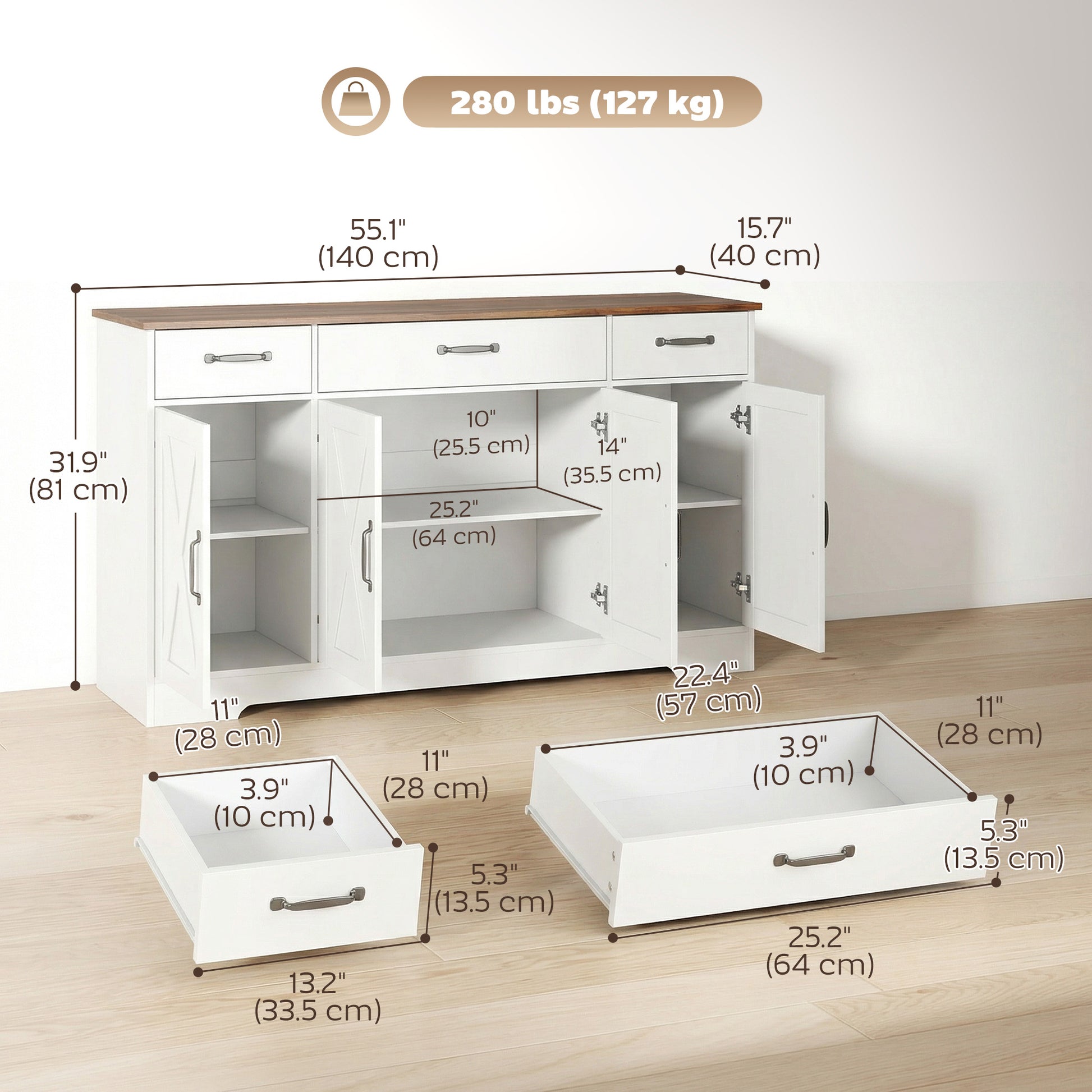 55" Farmhouse Sideboard Buffet Cabinet - White & Brown-DECOROLALA