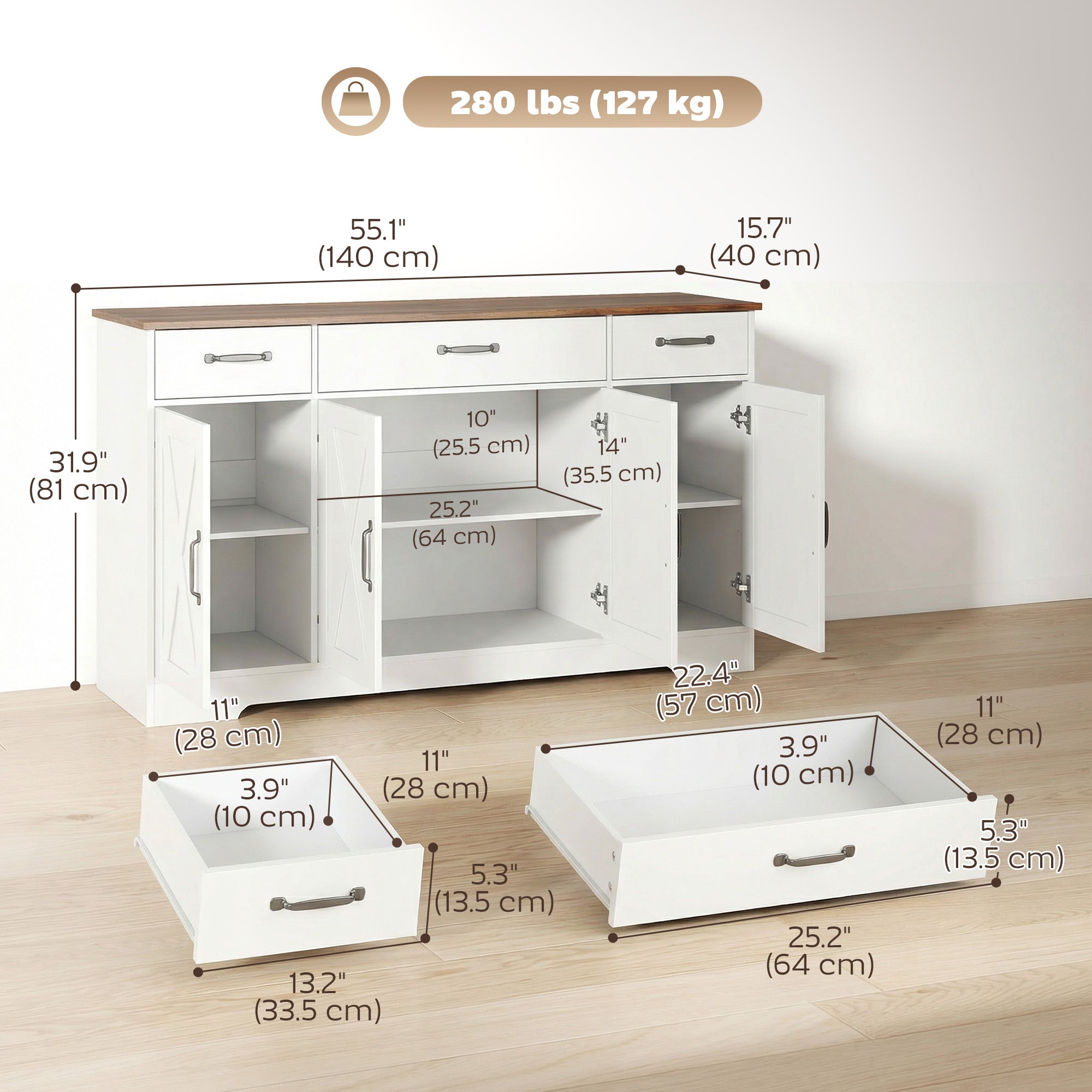 55" Farmhouse Sideboard Buffet Cabinet - White & Brown-DECOROLALA