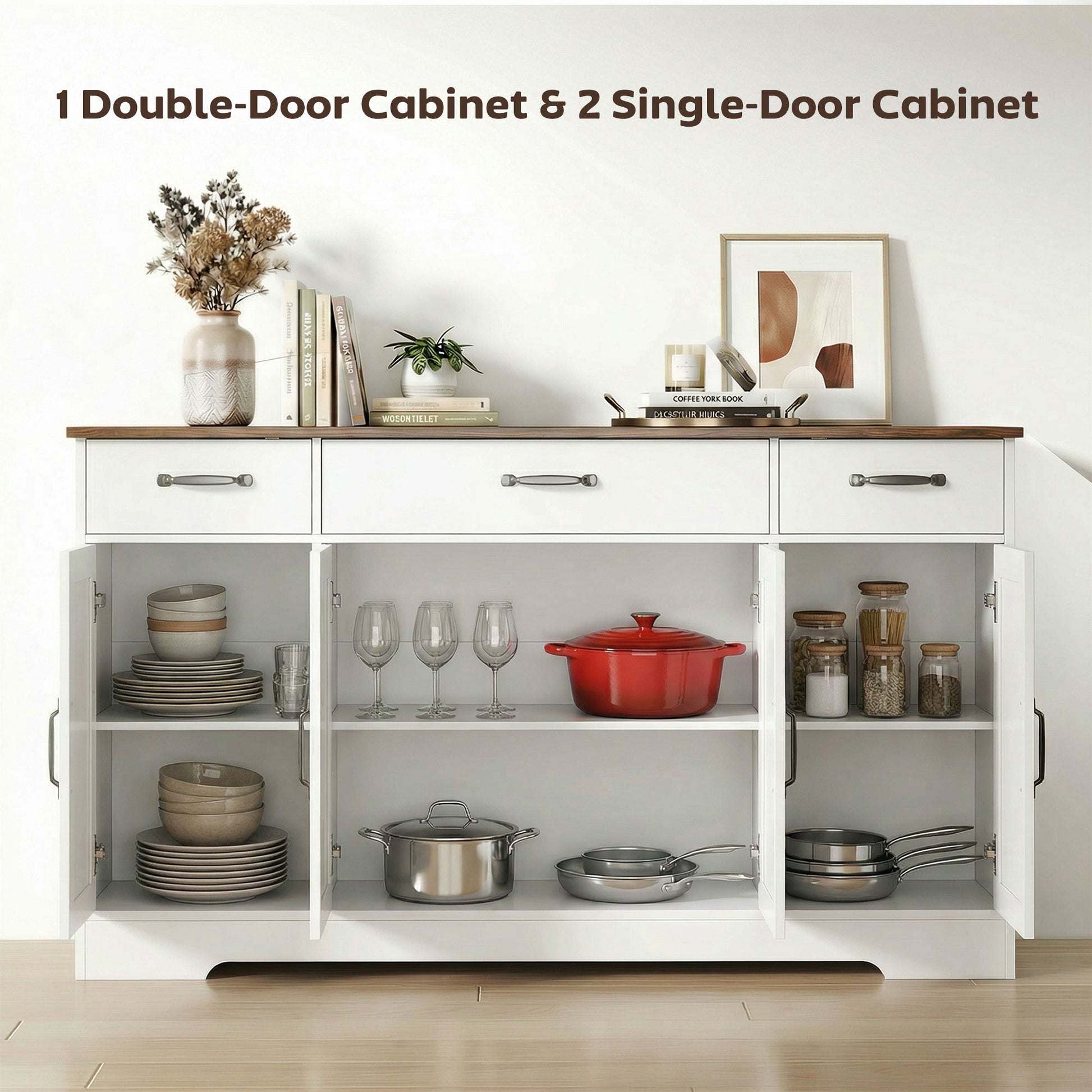 55" Farmhouse Sideboard Buffet Cabinet - White & Brown-DECOROLALA