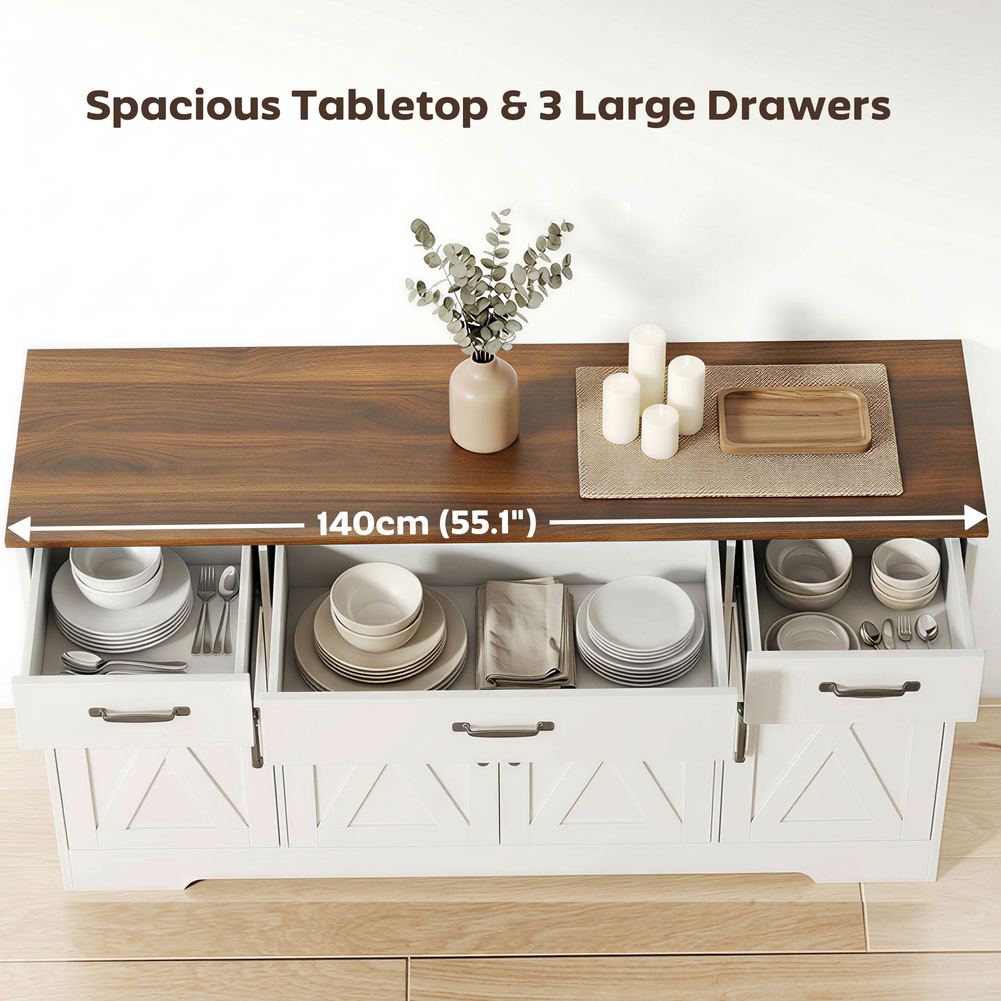 55" Farmhouse Sideboard Buffet Cabinet - White & Brown-DECOROLALA