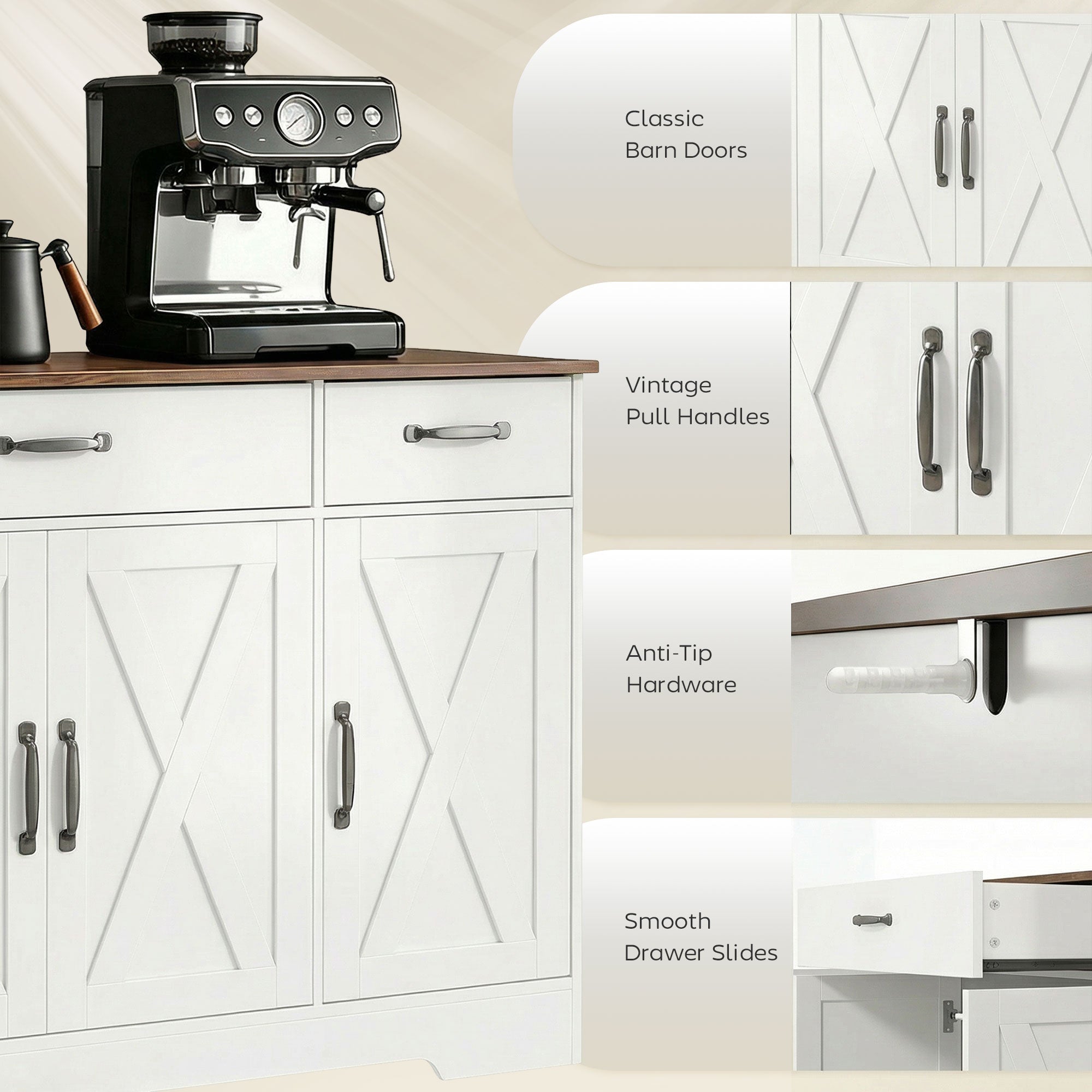 55" Farmhouse Sideboard Buffet Cabinet - White & Brown-DECOROLALA