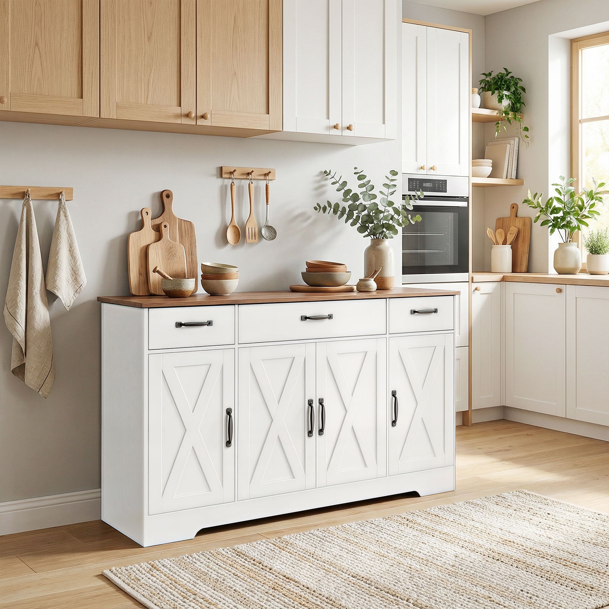 55" Farmhouse Sideboard Buffet Cabinet - White & Brown-DECOROLALA