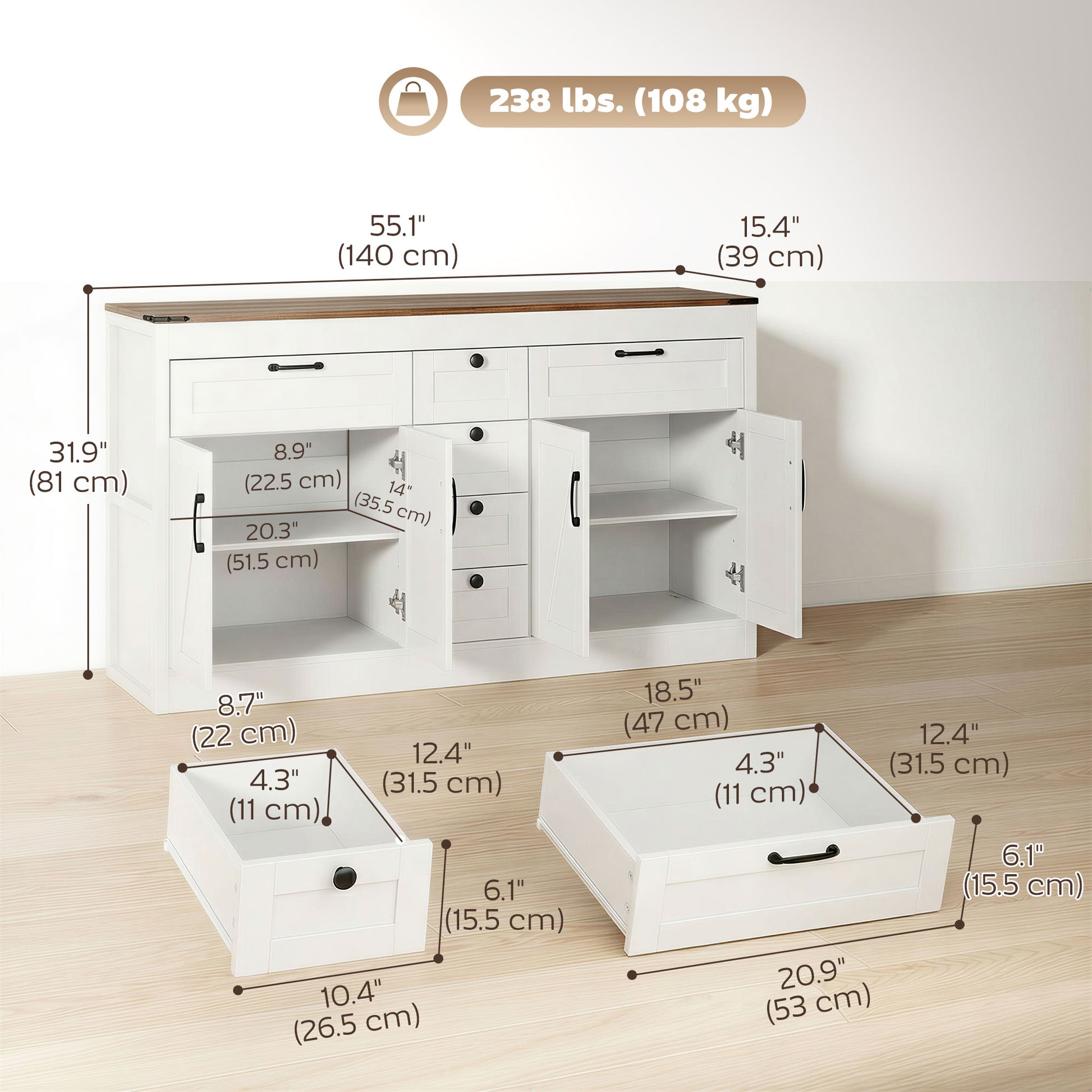 55" Farmhouse Sideboard - White 4 Barn Doors 6 Drawers-DECOROLALA