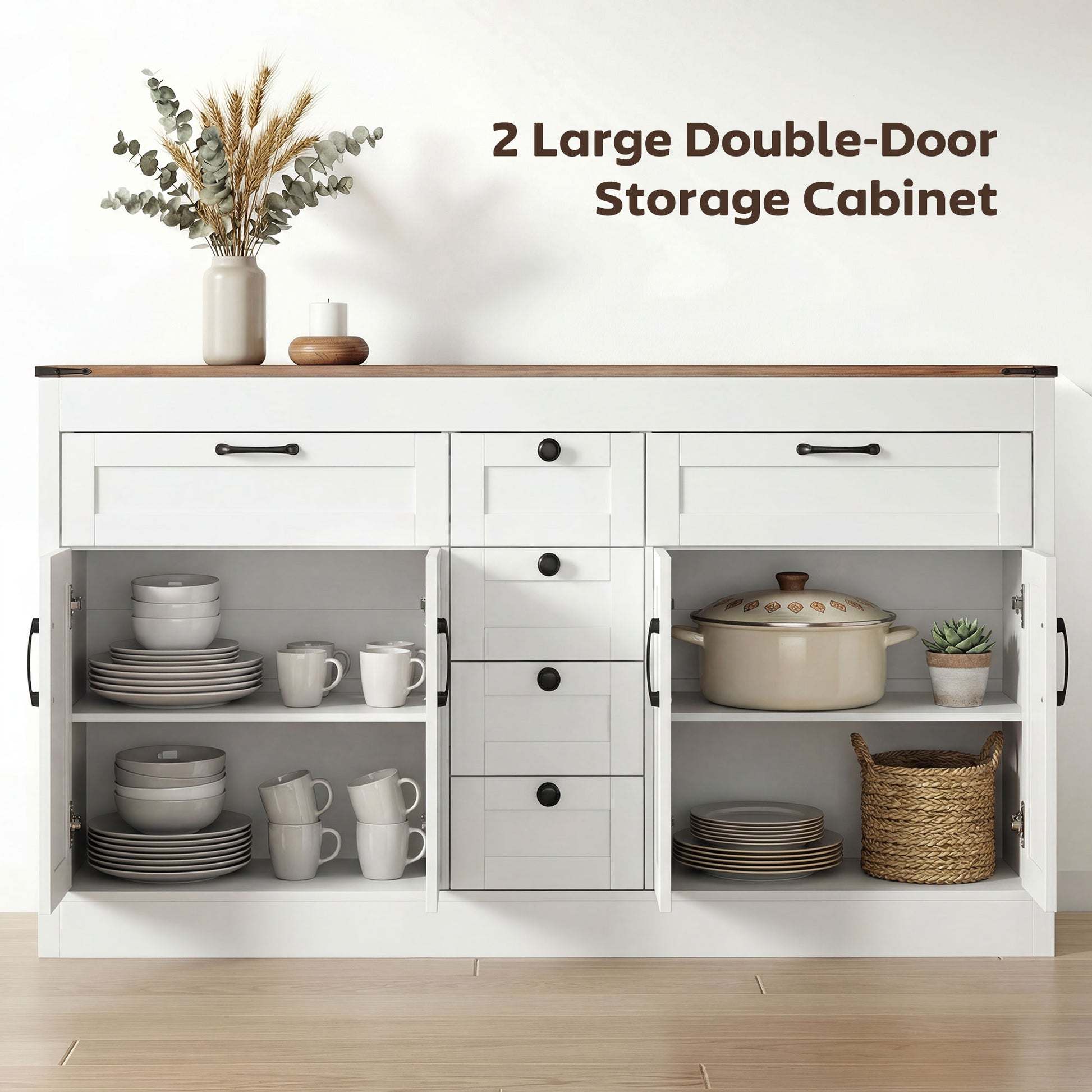 55" Farmhouse Sideboard - White 4 Barn Doors 6 Drawers-DECOROLALA
