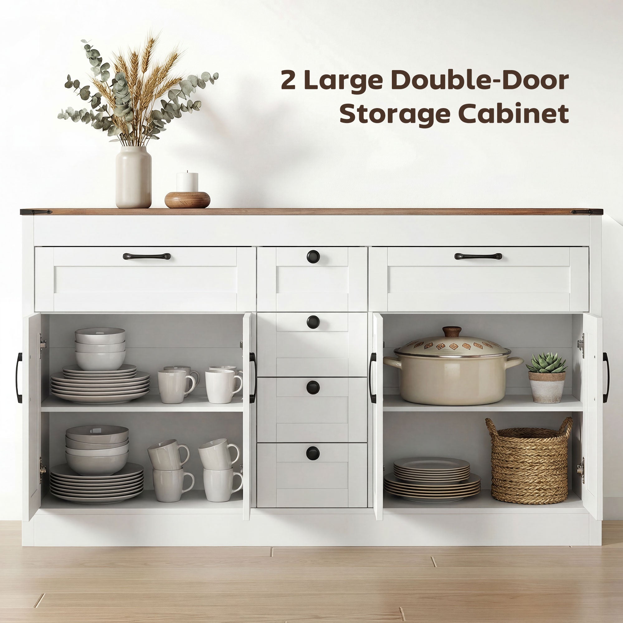 55" Farmhouse Sideboard - White 4 Barn Doors 6 Drawers-DECOROLALA