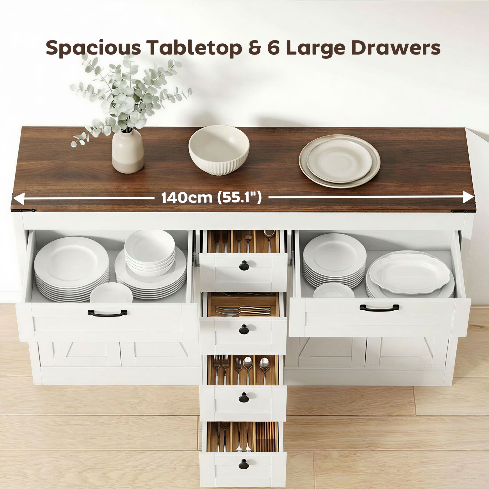 55" Farmhouse Sideboard - White 4 Barn Doors 6 Drawers-DECOROLALA