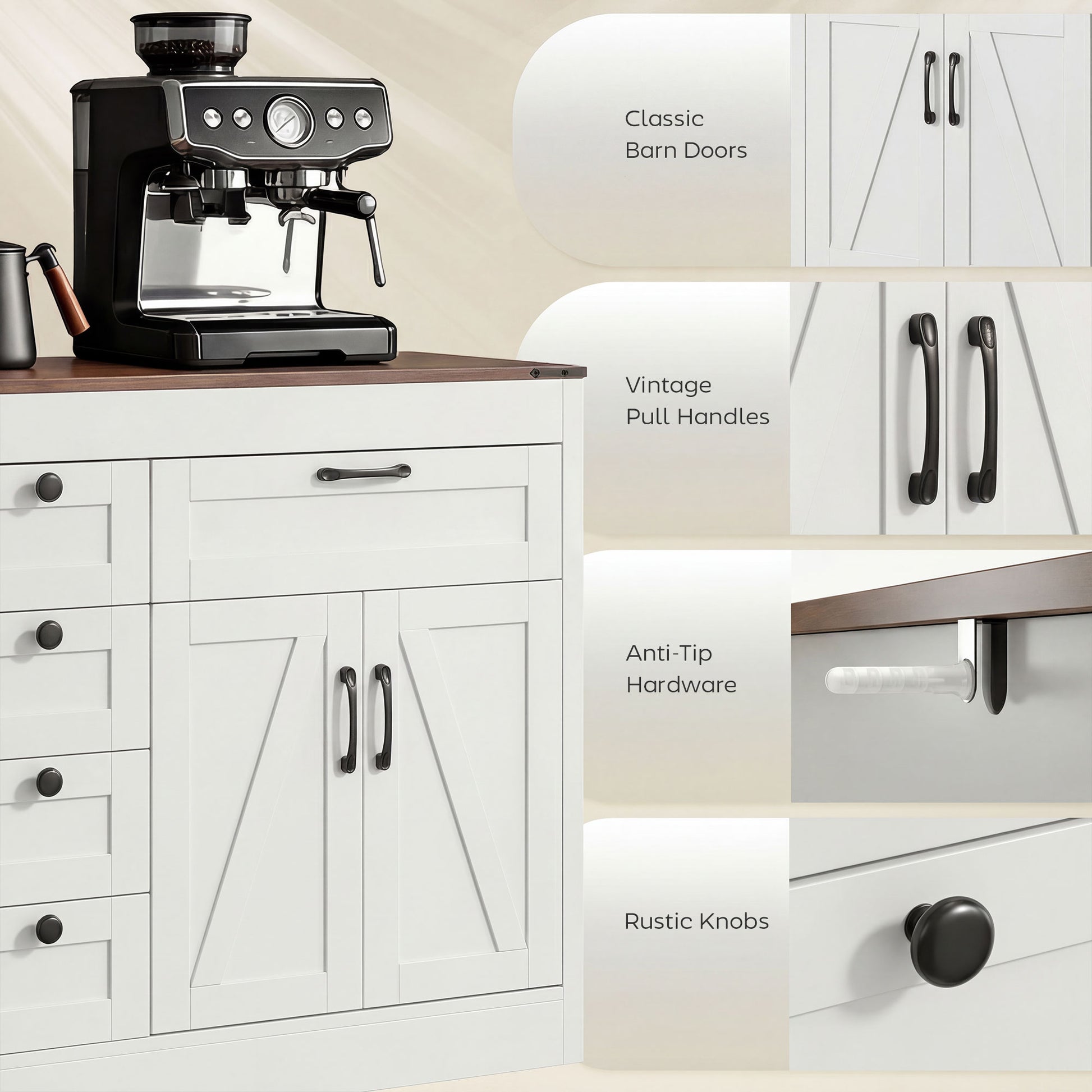 55" Farmhouse Sideboard - White 4 Barn Doors 6 Drawers-DECOROLALA