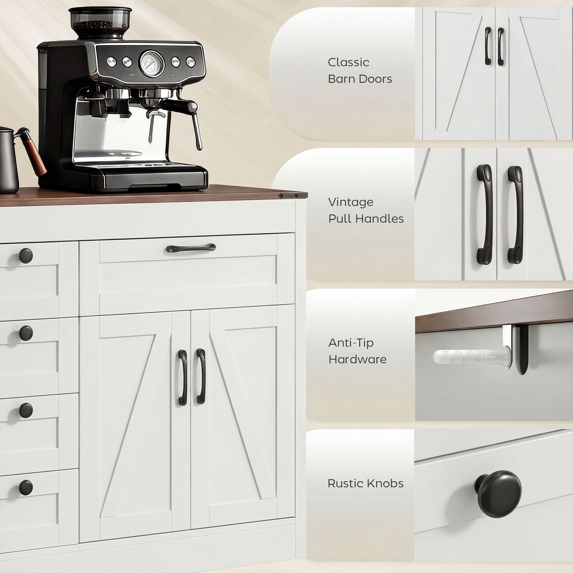55" Farmhouse Sideboard - White 4 Barn Doors 6 Drawers-DECOROLALA